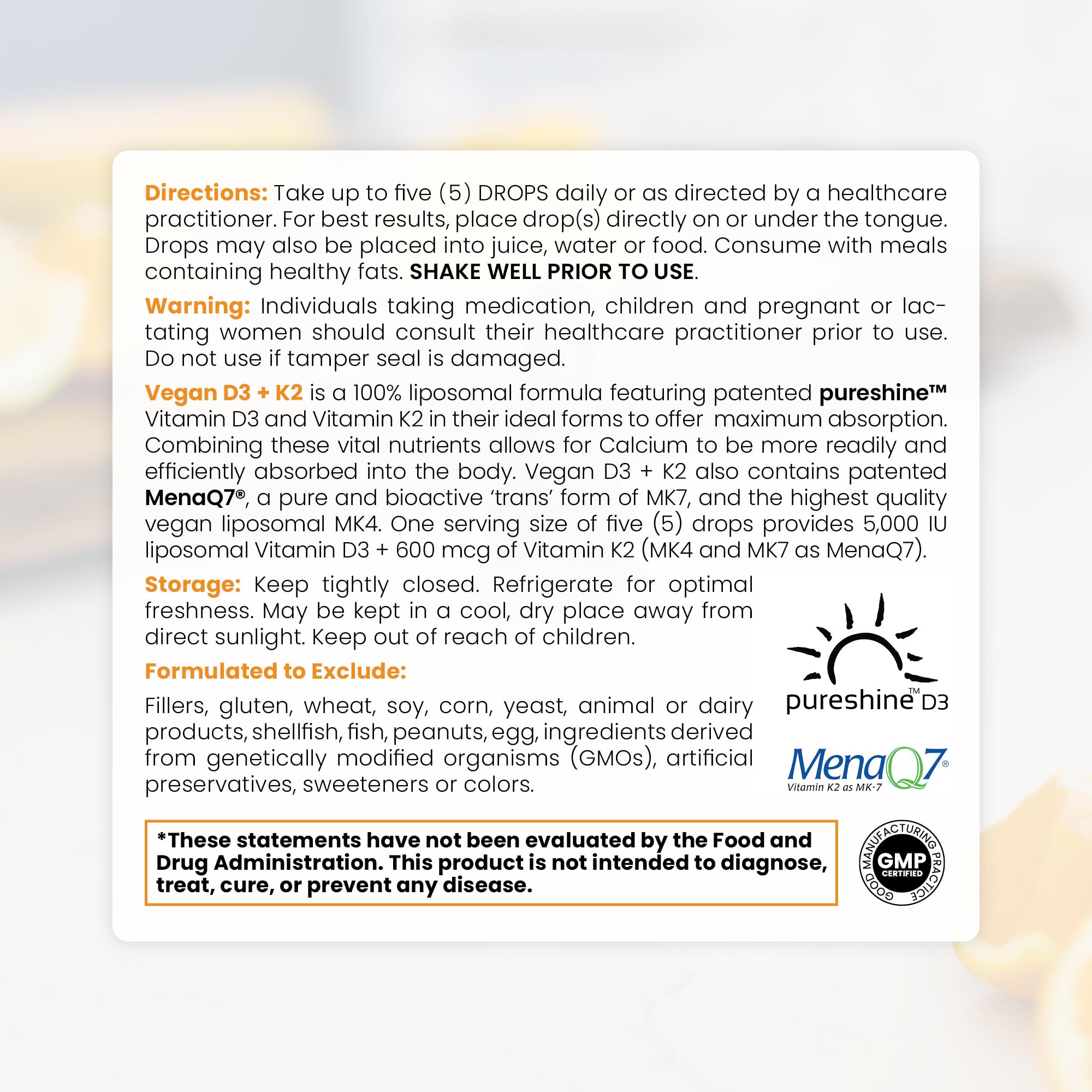 Pure Therapro Rx Vegan D3 + K2 Organic 100% Liposomal 10ml Made in USA | 3 Month Supply | Maximum Absorption Vitamin D3 and Vitamin K2 Supplements for Men and Women, D3 Vitamin 5000 IU