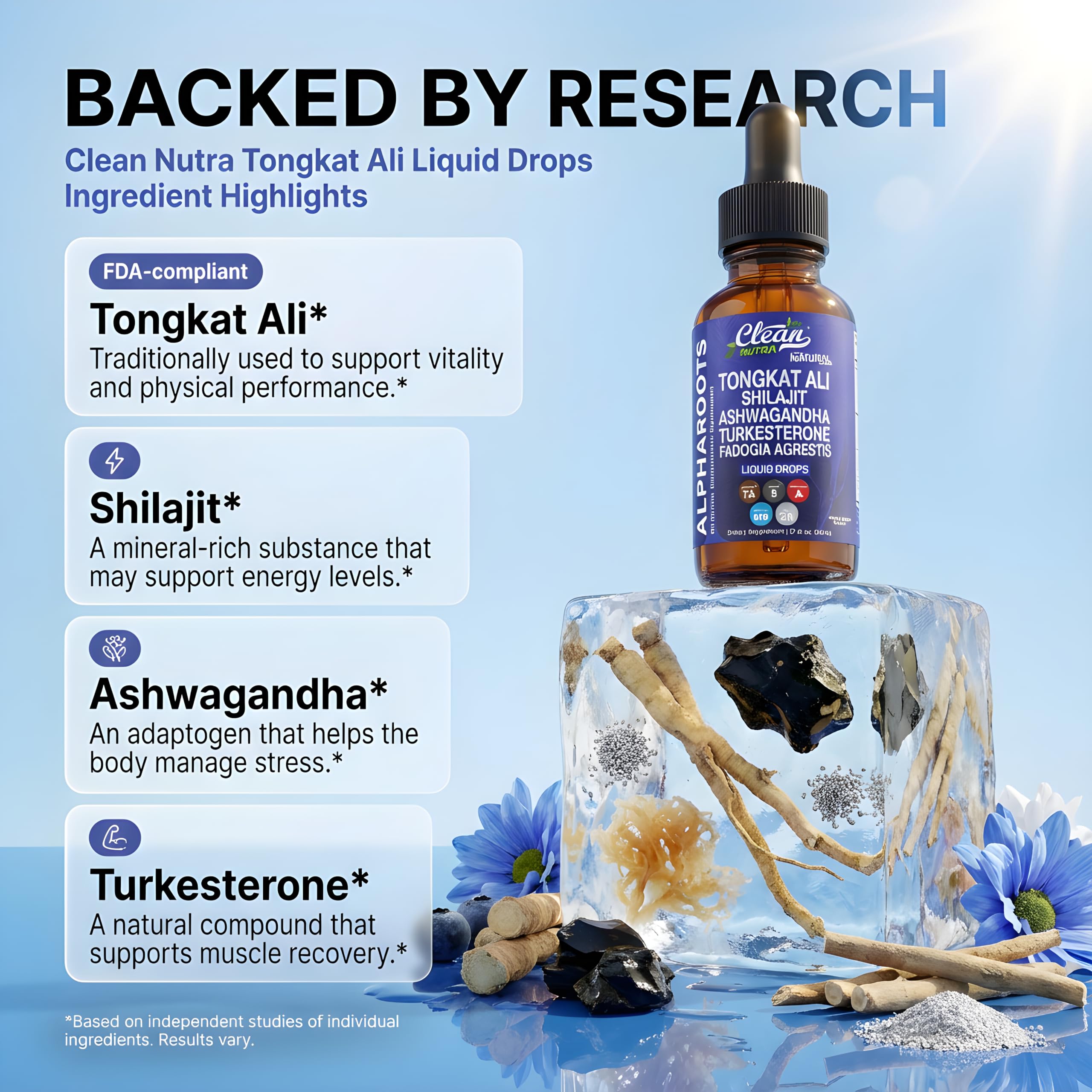 Tongkat Ali Liquid Drops Shilajit, Ashwagandha, Turkesterone, Fadogia Agrestis, Magnesium, Irish Sea Moss, and Zinc Herbal Supplement by Clean Nutra