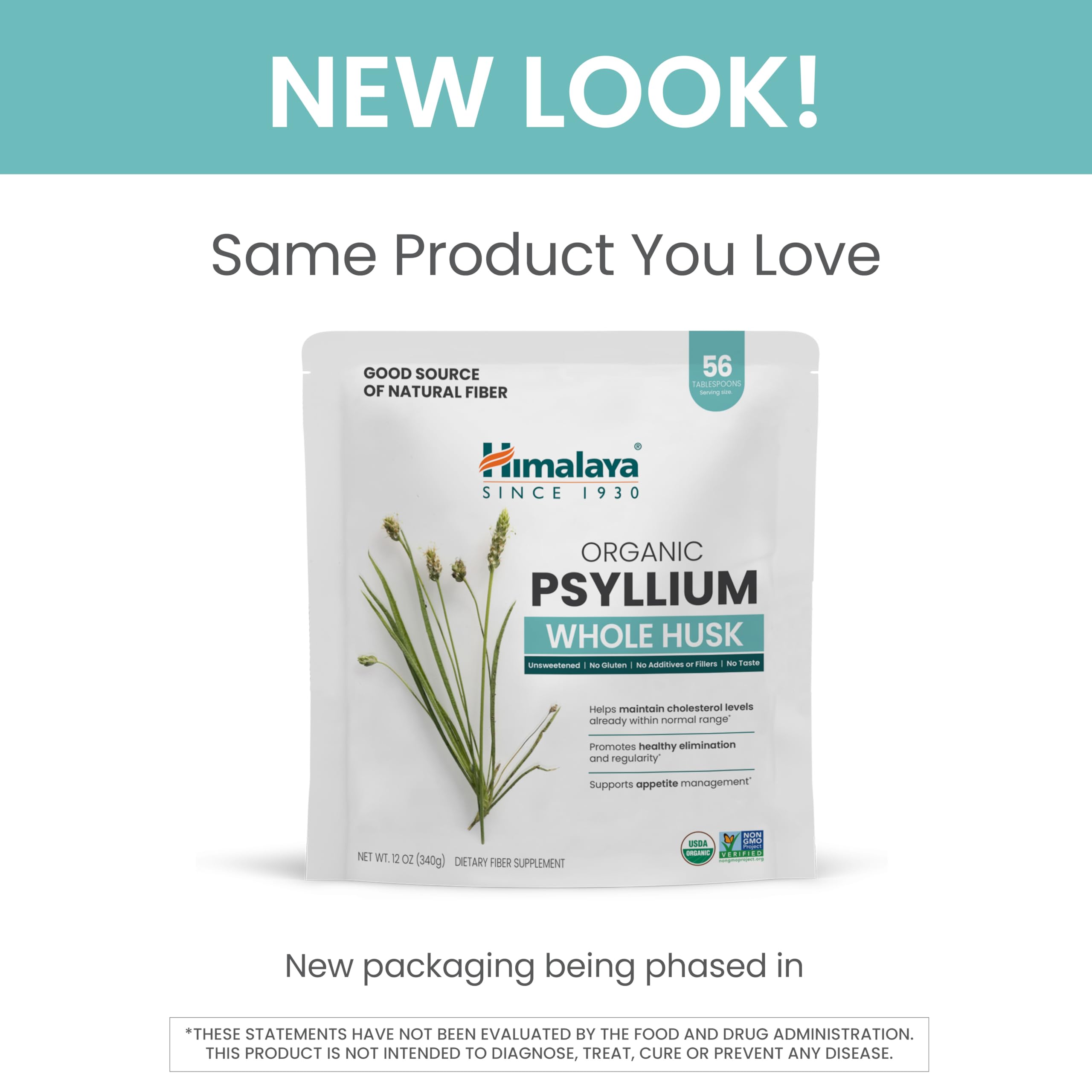 Himalaya Organic Psyllium Whole Husk, Natural Daily Fiber Supplement, Regularity, Appetite Management, USDA Certified Organic, Non-GMO, 56-Tablespoon Supply, Unflavored, 12 Oz