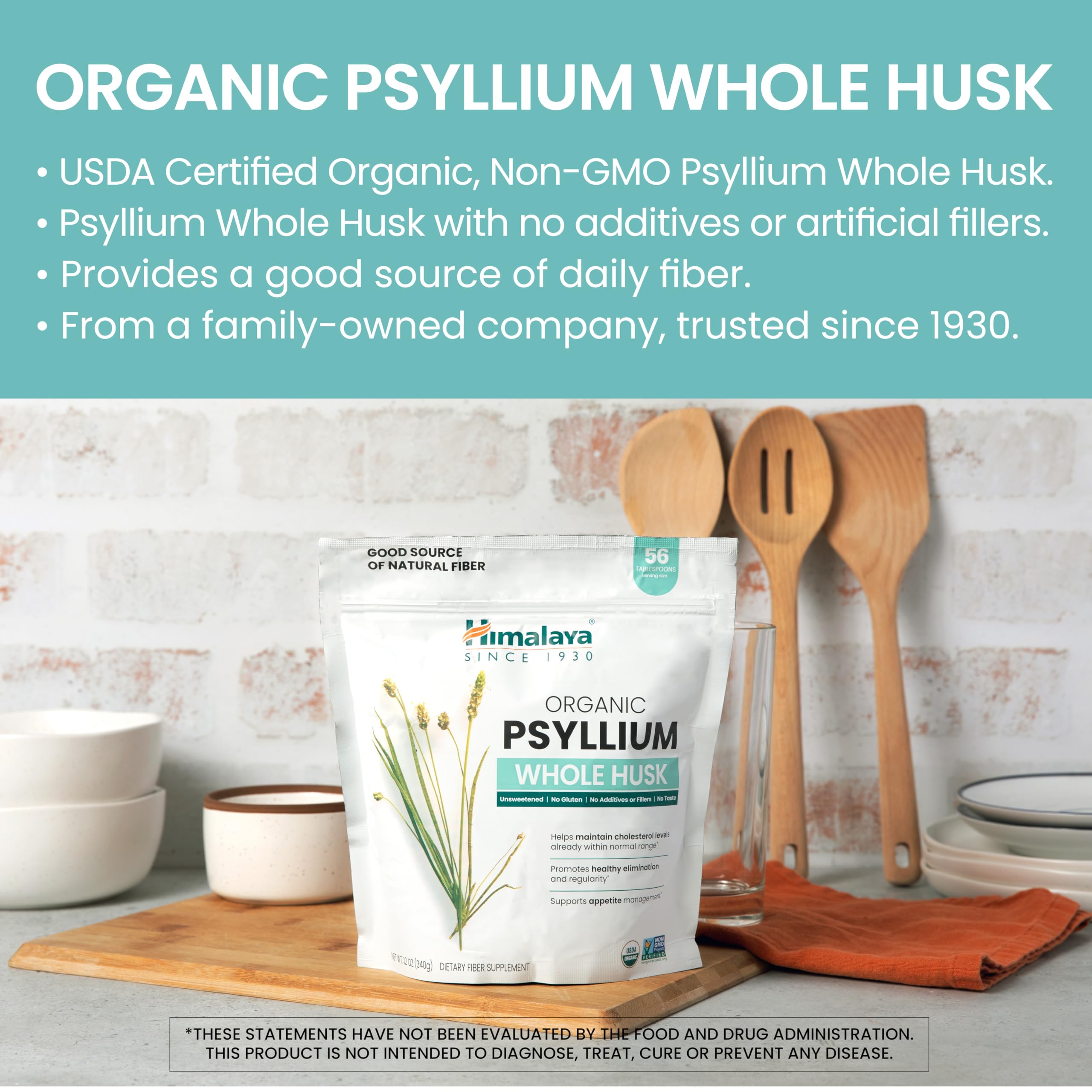 Himalaya Organic Psyllium Whole Husk, Natural Daily Fiber Supplement, Regularity, Appetite Management, USDA Certified Organic, Non-GMO, 56-Tablespoon Supply, Unflavored, 12 Oz
