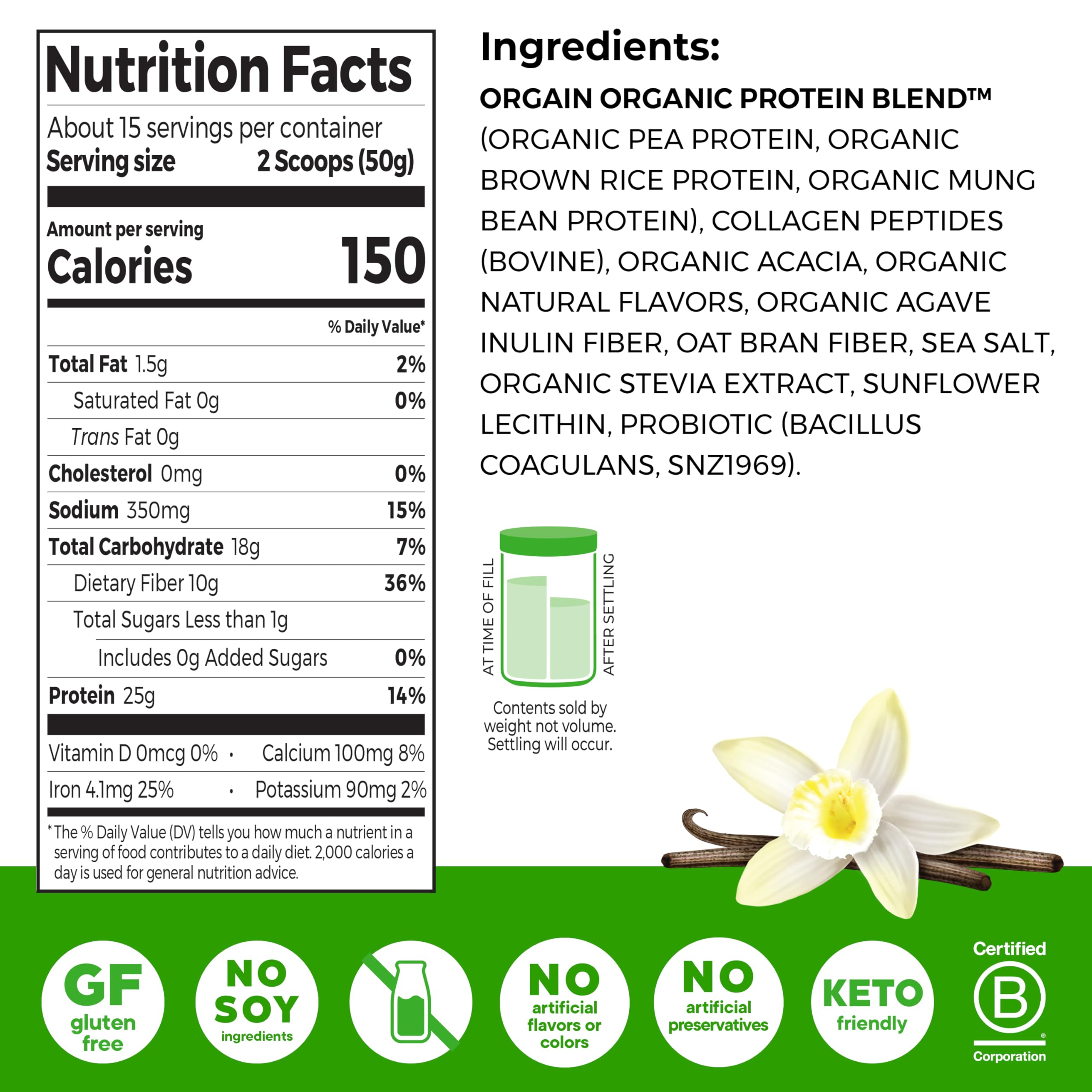 Orgain Protein Powder + Collagen, Vanilla Bean - 25g of Protein, 10g Collagen Peptides, Type I & III, 1B CFU Probiotics, Supports Hair, Skin, Nail, Joint & Gut Health, Gluten Free - 1.6lb
