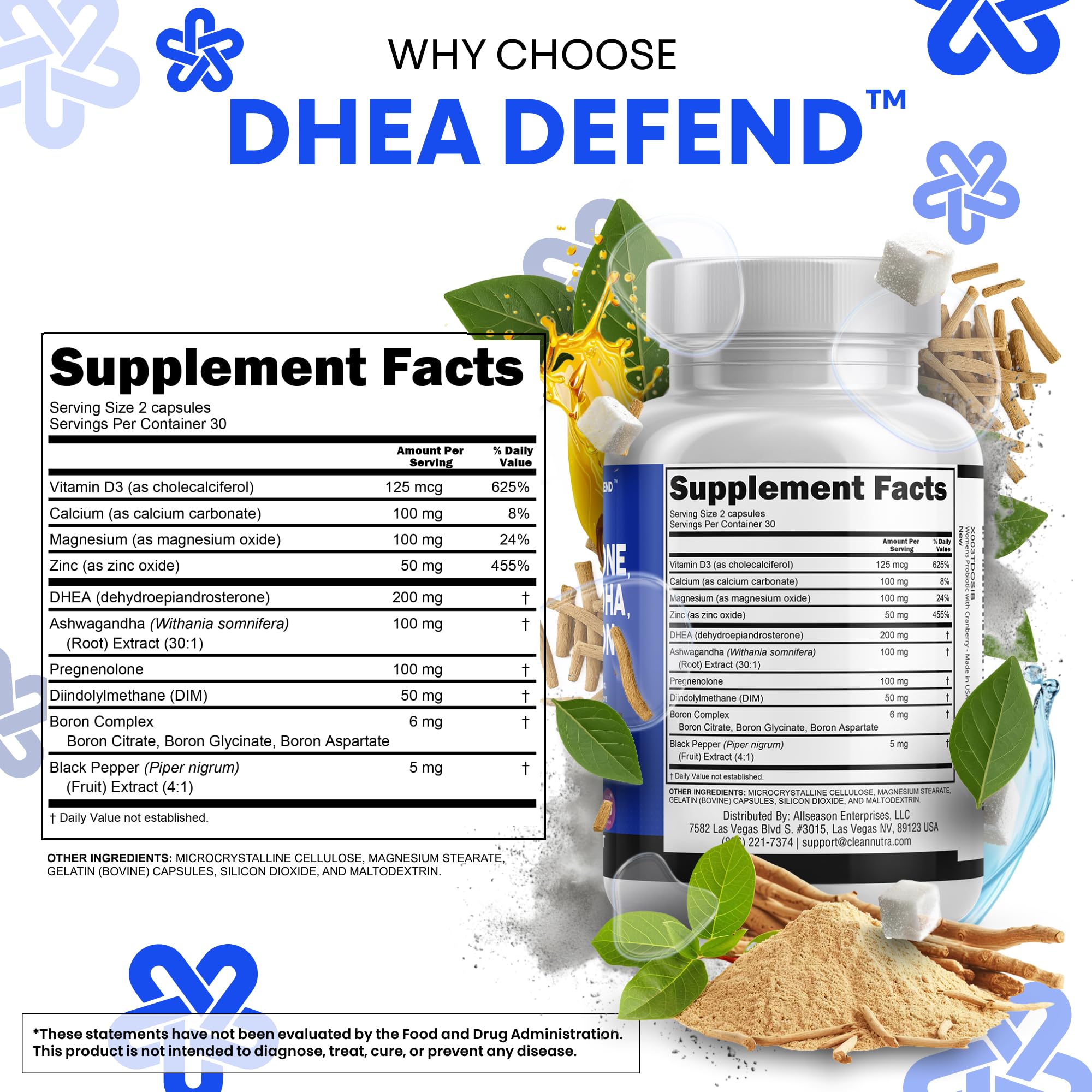 DHEA 200mg Supplement Pregnenolone 100mg for Men & Women with DIM Ashwagandha Boron 6mg Complex Calcium Magnesium Zinc 50mg Vitamin D3 5000 iu Hormone Support Capsules Pills - Made in USA 60 Ct