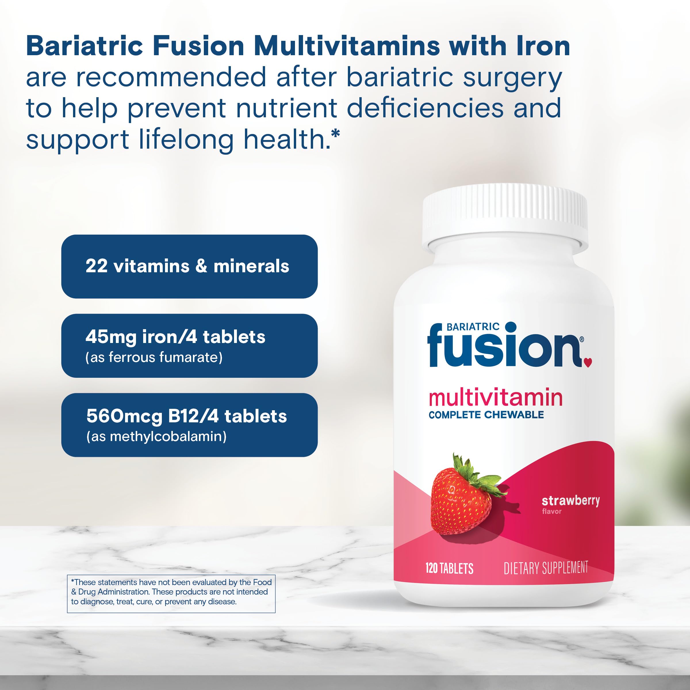 Bariatric Fusion Bariatric Multivitamin with Iron Complete Chewable | Strawberry | Post Bariatric Vitamins for Gastric Bypass and Sleeve Gastrectomy | One Month Supply