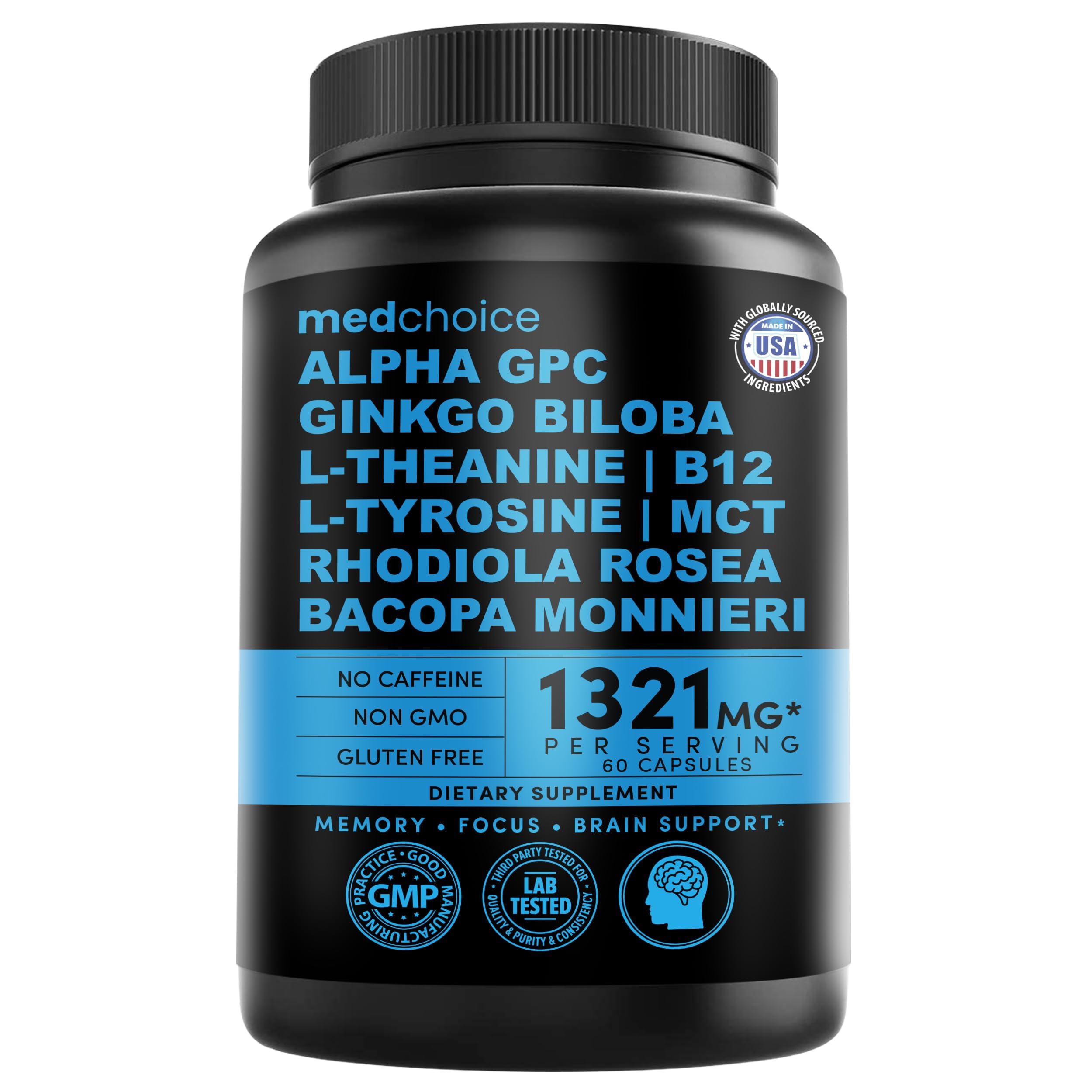 12-in-1 Nootropic Brain Supplement Anhydrous: Ginkgo Biloba for Brain Support, Memory and Focus - B12, Alpha GPC, L Theanine and Choline Supplements with Bioperine Non Caffeinated 1321mg (60ct)