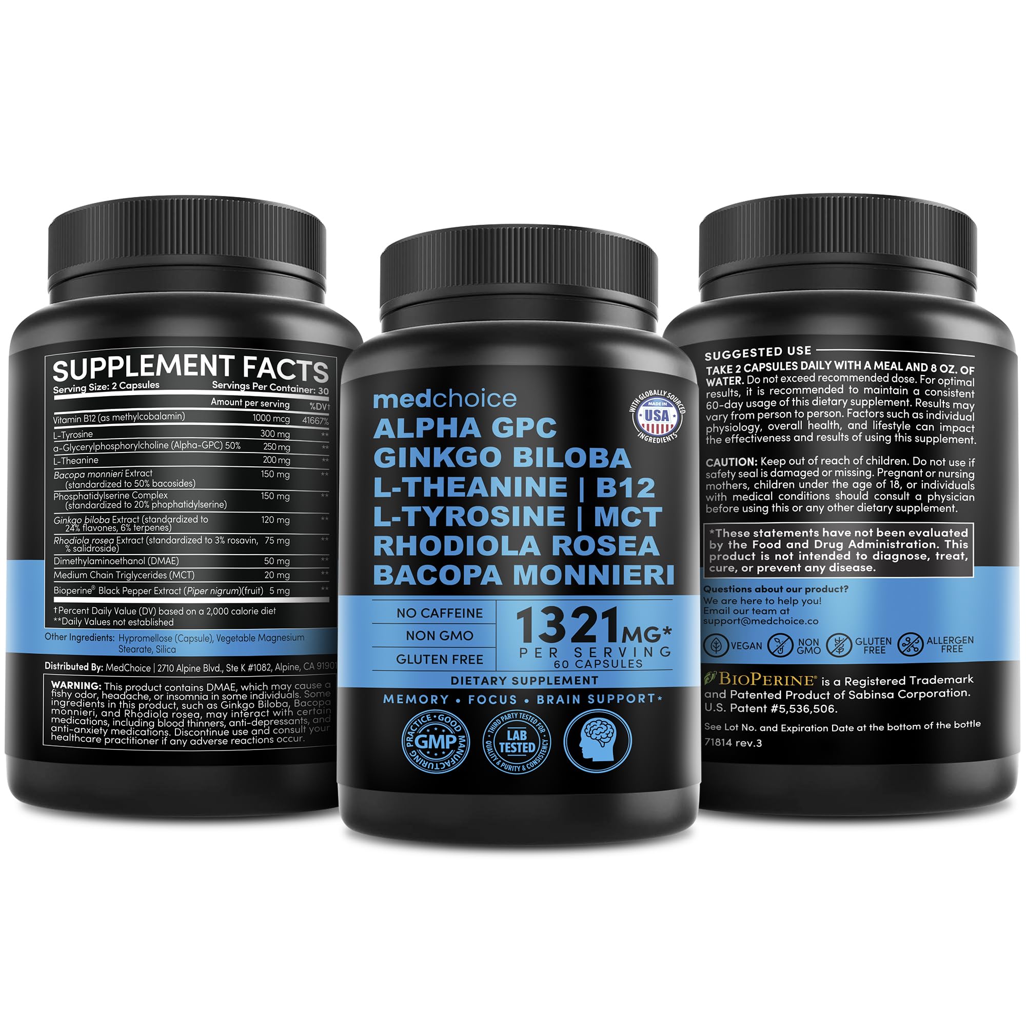 12-in-1 Nootropic Brain Supplement Anhydrous: Ginkgo Biloba for Brain Support, Memory and Focus - B12, Alpha GPC, L Theanine and Choline Supplements with Bioperine Non Caffeinated 1321mg (60ct)