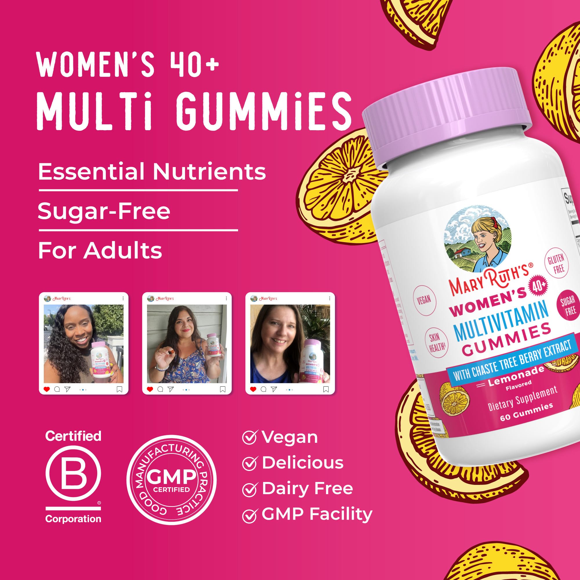 MaryRuth's Multivitamin for Women 40+ | Sugar Free | Vegan Womens Vitamins | Immune Support | Daily Women's Multivitamin + Chasteberry | Hair, Skin and Nail Gummy Vitamins for Women | 60 Count