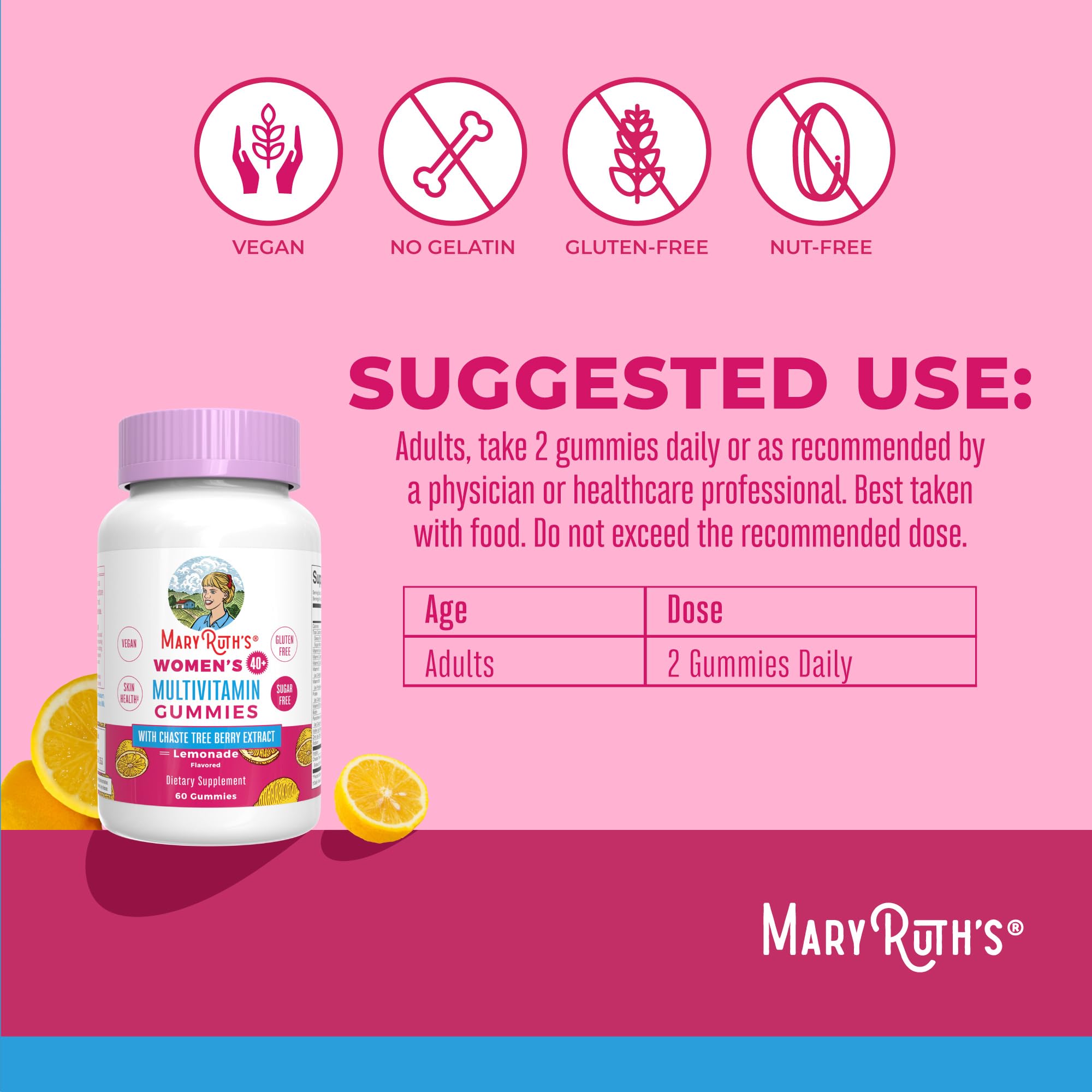 MaryRuth's Multivitamin for Women 40+ | Sugar Free | Vegan Womens Vitamins | Immune Support | Daily Women's Multivitamin + Chasteberry | Hair, Skin and Nail Gummy Vitamins for Women | 60 Count