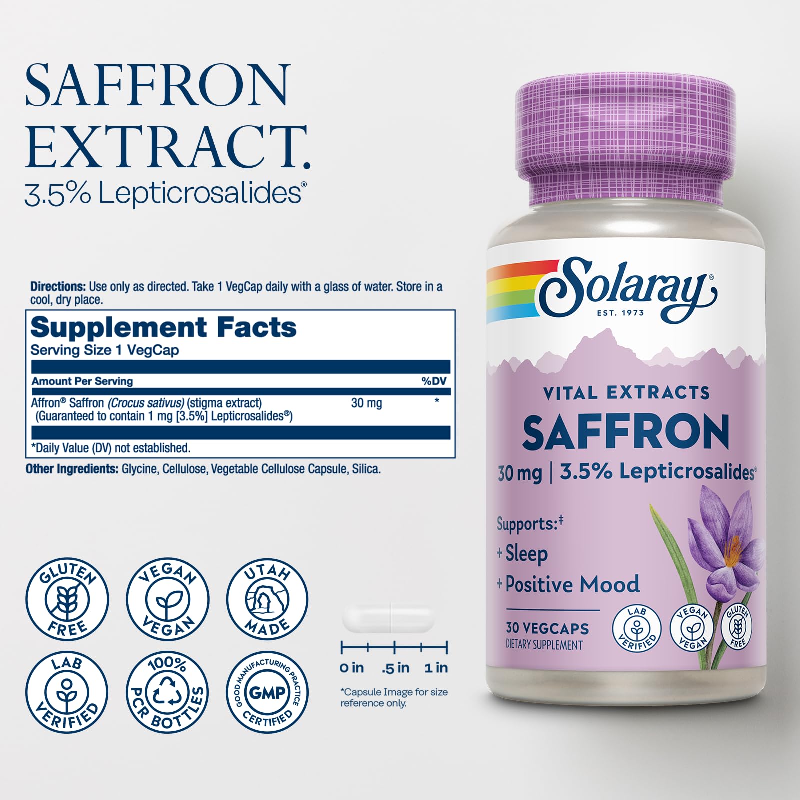 SOLARAY Saffron Extract - Sleep and Positive Mood Support - Vegan and Gluten Free Saffron Supplements - Lab Verified - 60-Day Guarantee - 30 Servings, 30 VegCaps