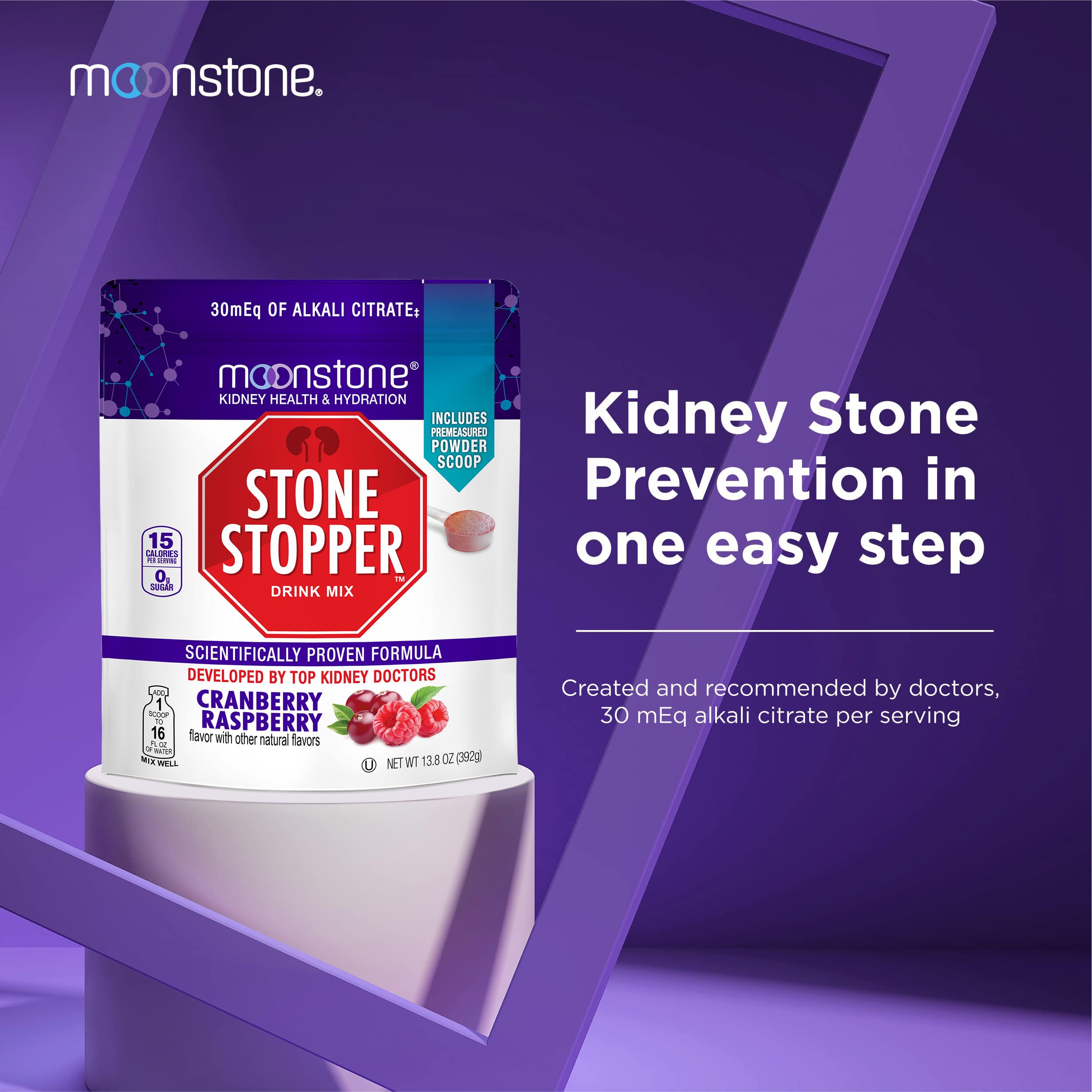 Moonstone Stone Stopper Drink Mix, Cranberry Raspberry, Kidney Stone Prevention, Calcium Oxalate Protector, Developed by Urologists to Improve Hydration and Support Kidney Health, 30 Day Supply