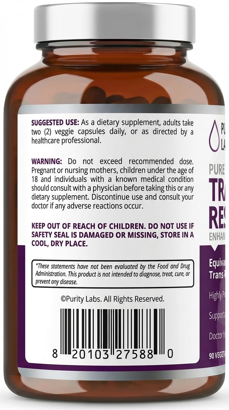 Purity Labs Trans-Resveratrol Supplement 5,000 mg Equivalent per Serving with Quercetin, USDA Organic High Potency Antioxidant, Vegan Capsules, 90 Count