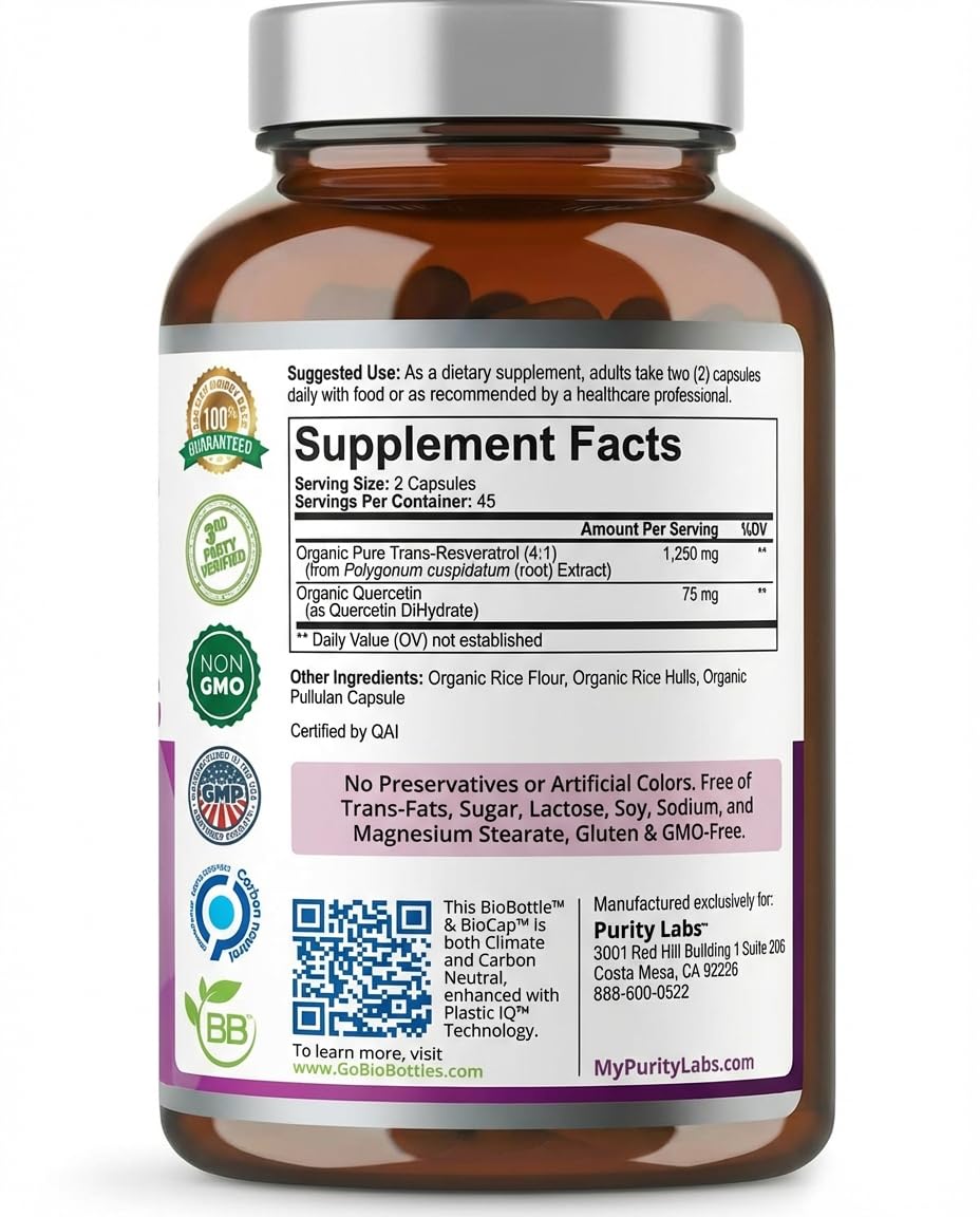 Purity Labs Trans-Resveratrol Supplement 5,000 mg Equivalent per Serving with Quercetin, USDA Organic High Potency Antioxidant, Vegan Capsules, 90 Count