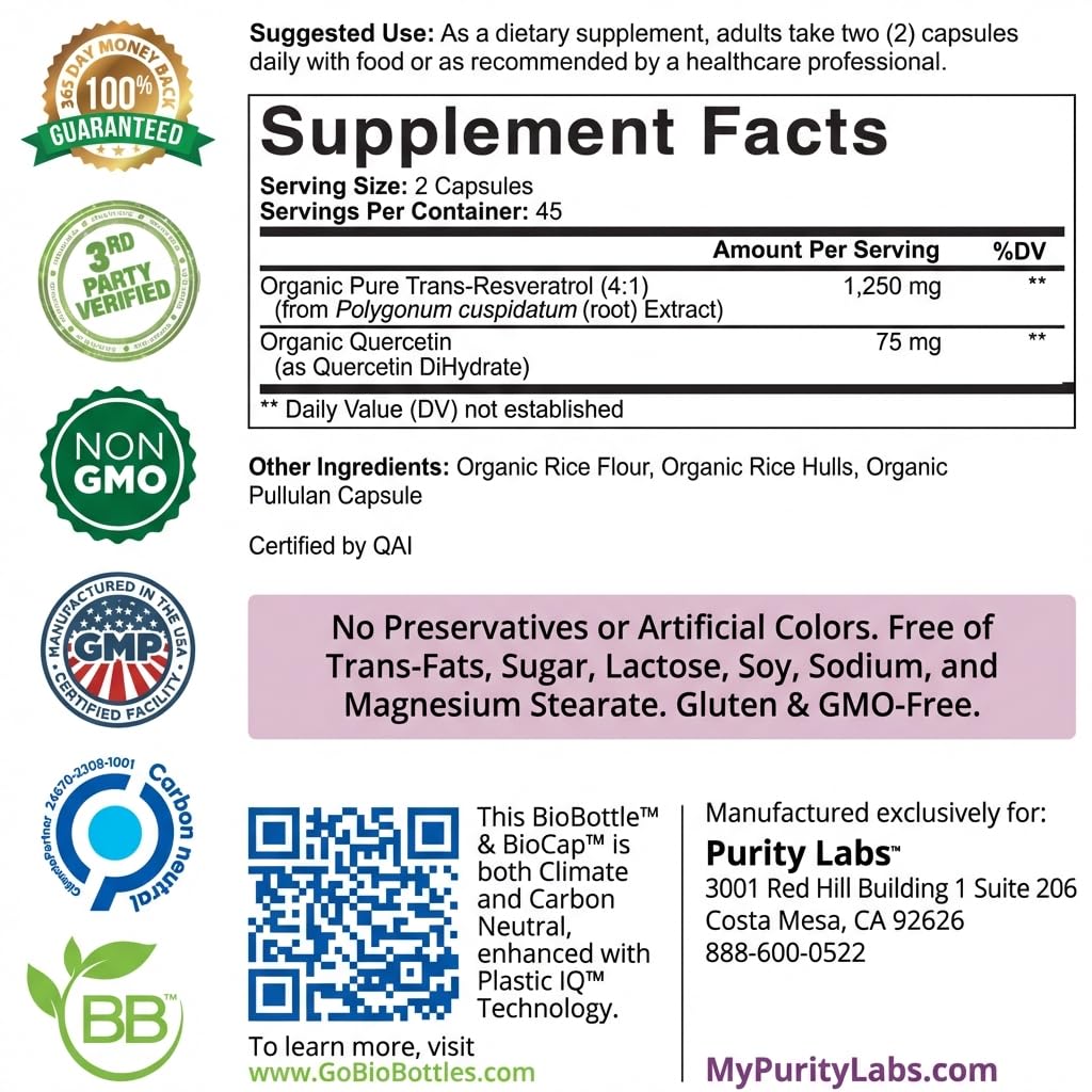 Purity Labs Trans-Resveratrol Supplement 5,000 mg Equivalent per Serving with Quercetin, USDA Organic High Potency Antioxidant, Vegan Capsules, 90 Count
