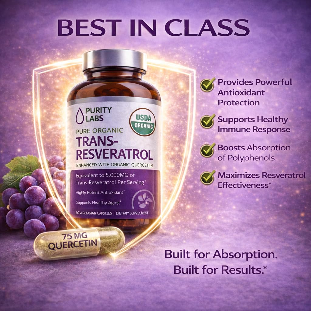 Purity Labs Trans-Resveratrol Supplement 5,000 mg Equivalent per Serving with Quercetin, USDA Organic High Potency Antioxidant, Vegan Capsules, 90 Count