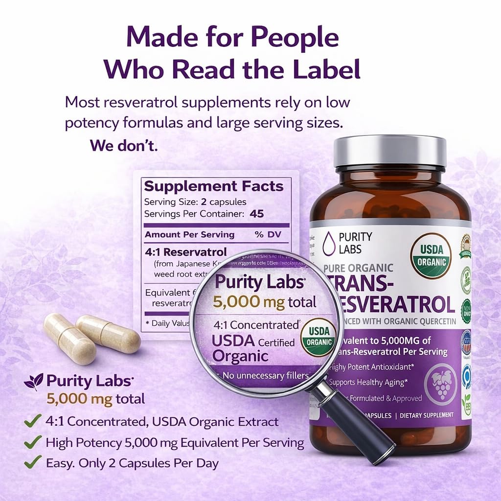 Purity Labs Trans-Resveratrol Supplement 5,000 mg Equivalent per Serving with Quercetin, USDA Organic High Potency Antioxidant, Vegan Capsules, 90 Count