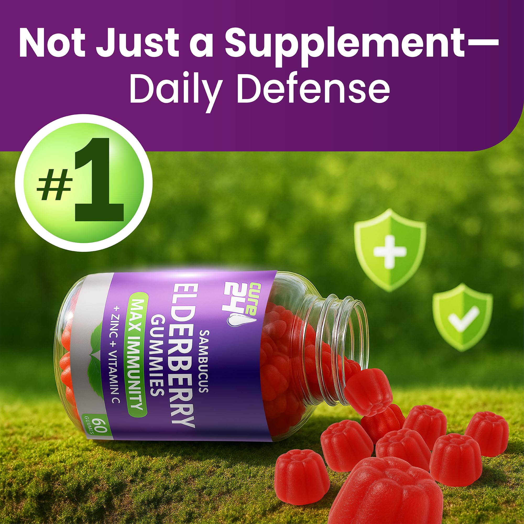 Cure24 Sambucus Elderberry Gummies + Vitamin C + Zinc for Kids & Adults, X3 Immune Support, Natural Flavors + Ingredients, Vegan, Non-GMO, Made in USA (60)