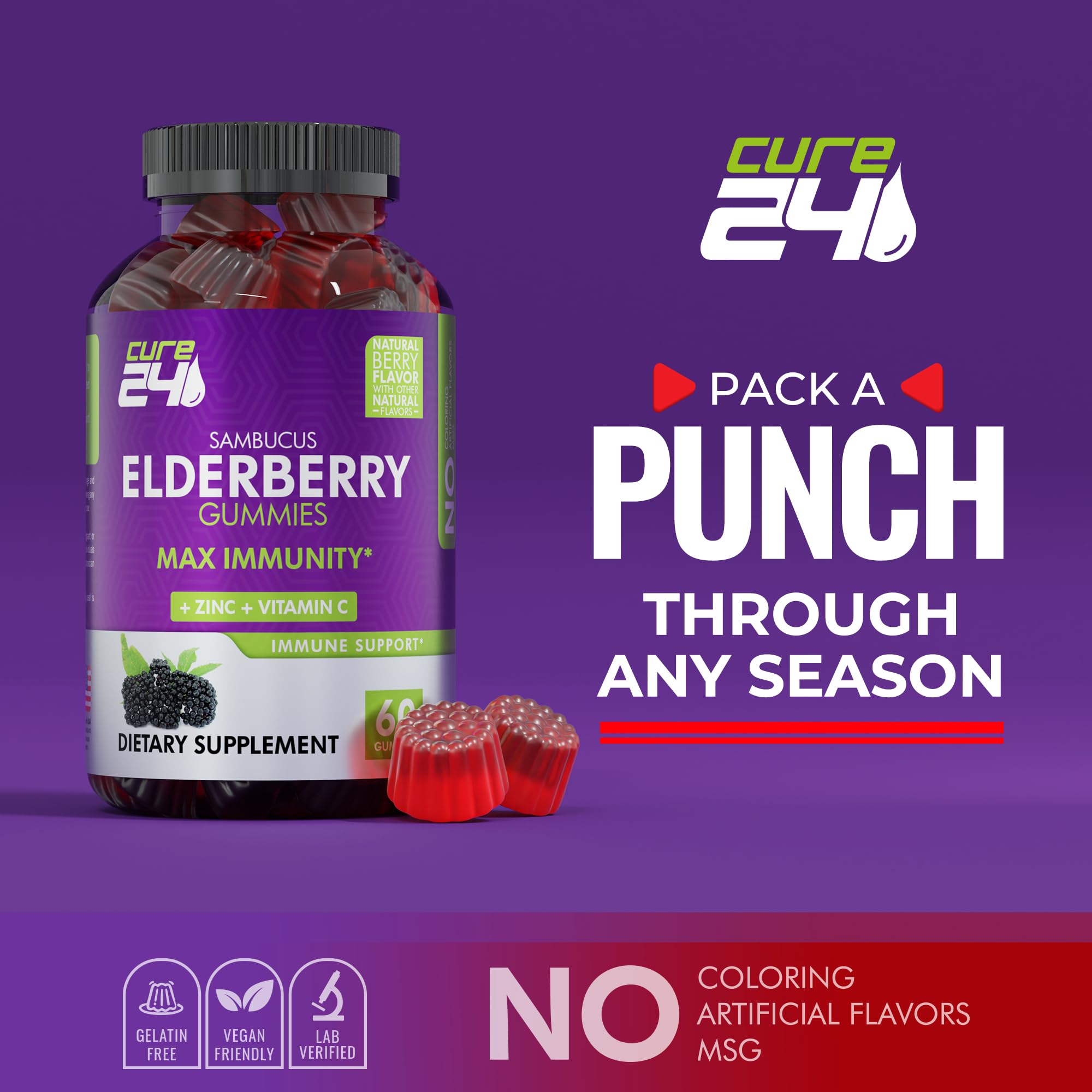 Cure24 Sambucus Elderberry Gummies + Vitamin C + Zinc for Kids & Adults, X3 Immune Support, Natural Flavors + Ingredients, Vegan, Non-GMO, Made in USA (60)