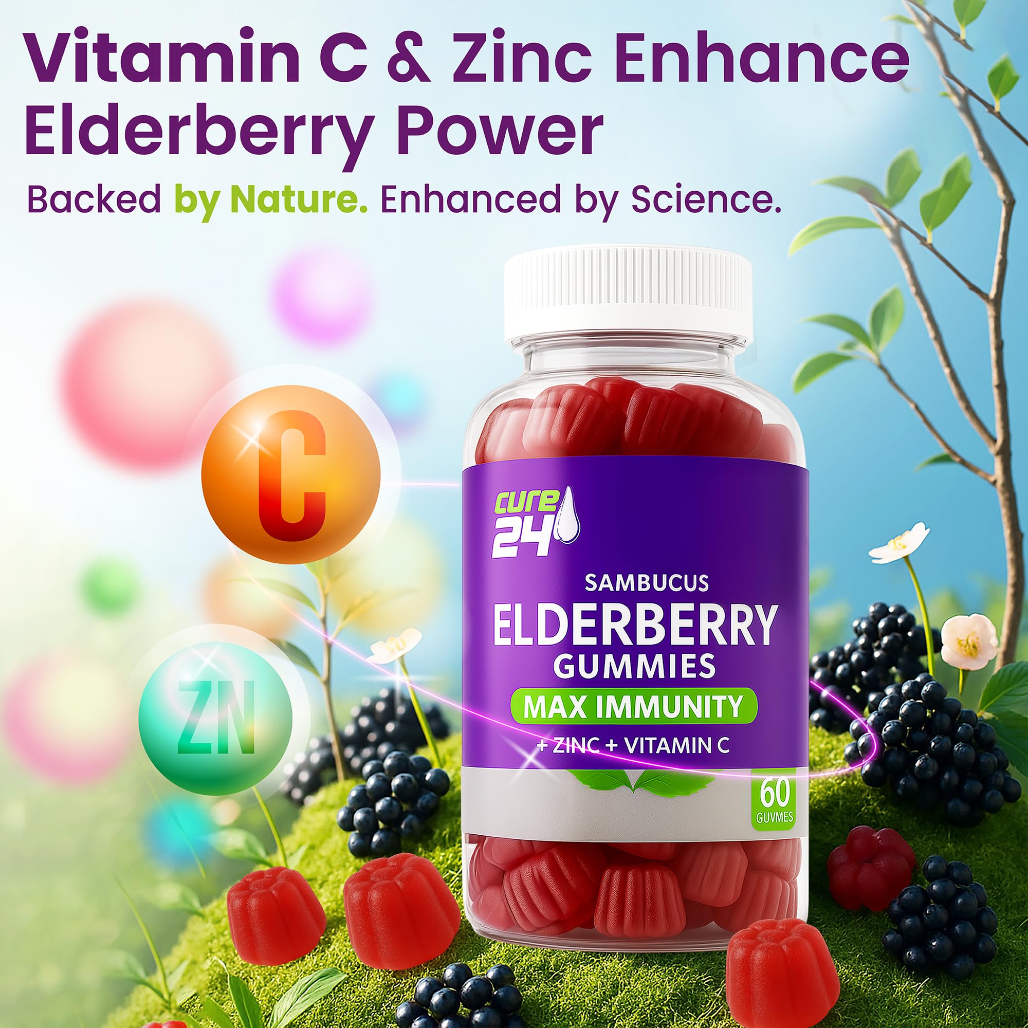 Cure24 Sambucus Elderberry Gummies + Vitamin C + Zinc for Kids & Adults, X3 Immune Support, Natural Flavors + Ingredients, Vegan, Non-GMO, Made in USA (60)