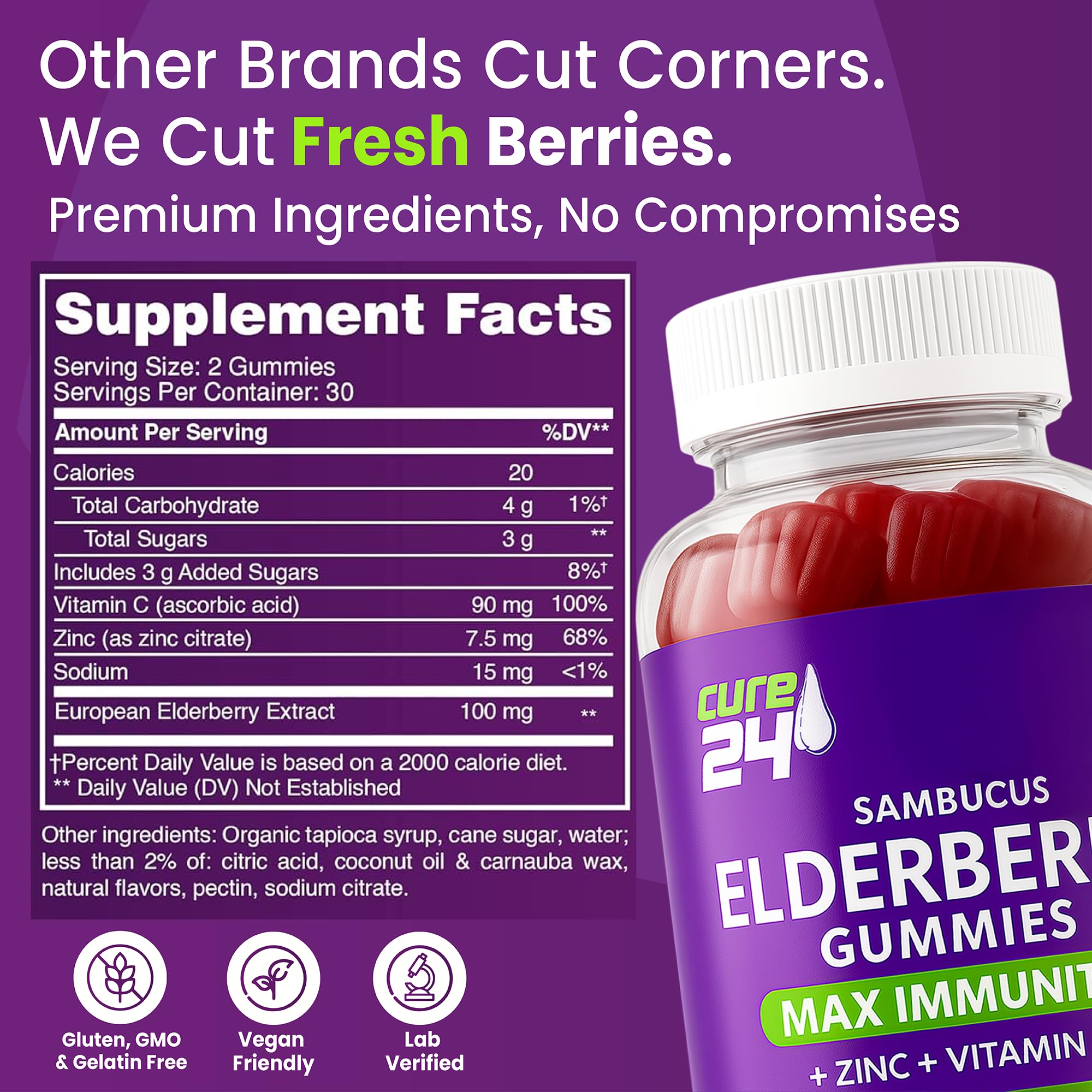 Cure24 Sambucus Elderberry Gummies + Vitamin C + Zinc for Kids & Adults, X3 Immune Support, Natural Flavors + Ingredients, Vegan, Non-GMO, Made in USA (60)