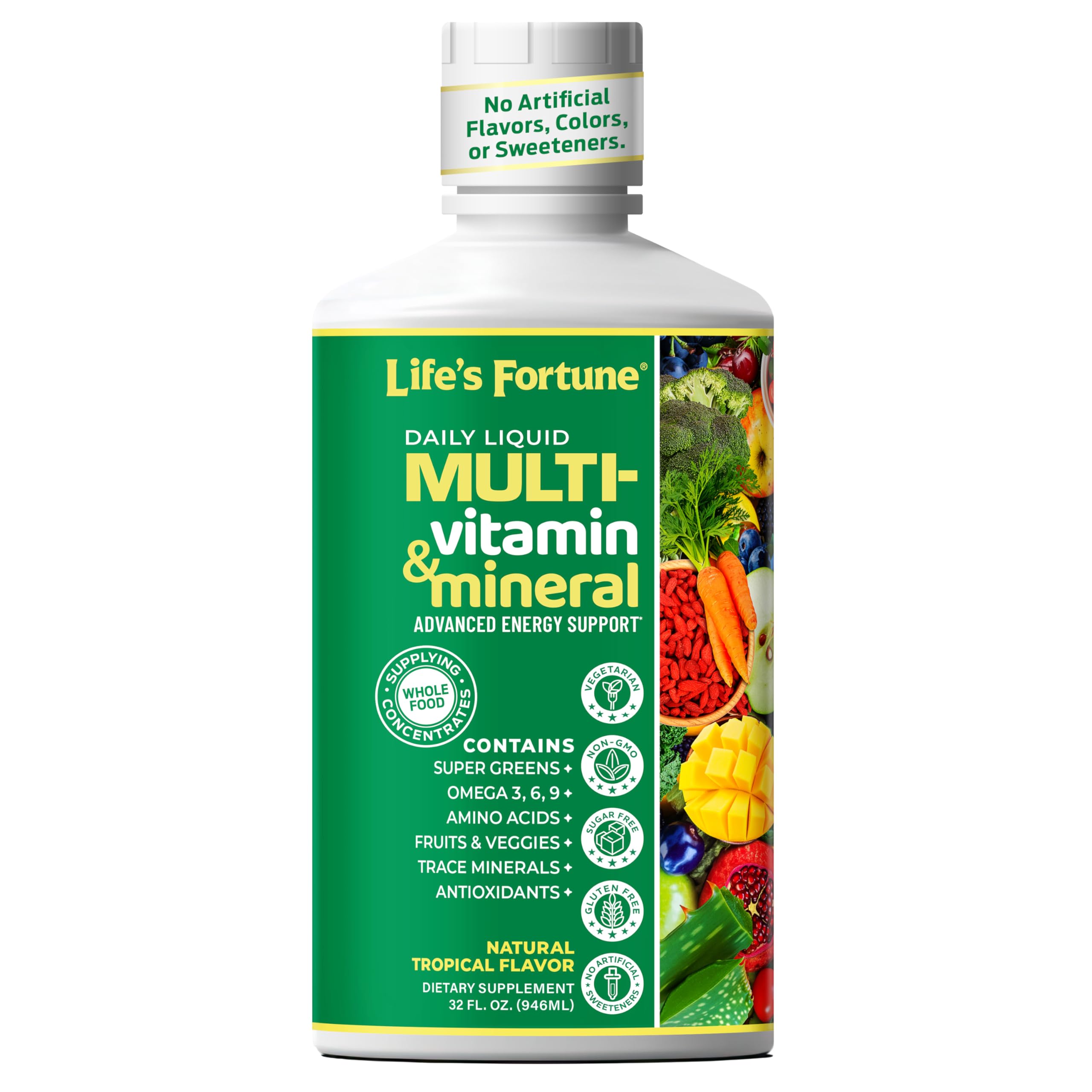 Life's Fortune Liquid Multivitamin for Adults Men & Women, Teens – High Absorption Daily Vitamins – Trace Minerals, Amino Acids with Biotin, L-Arginine, Potassium – Tropical Flavor, Sugar Free, 32 oz