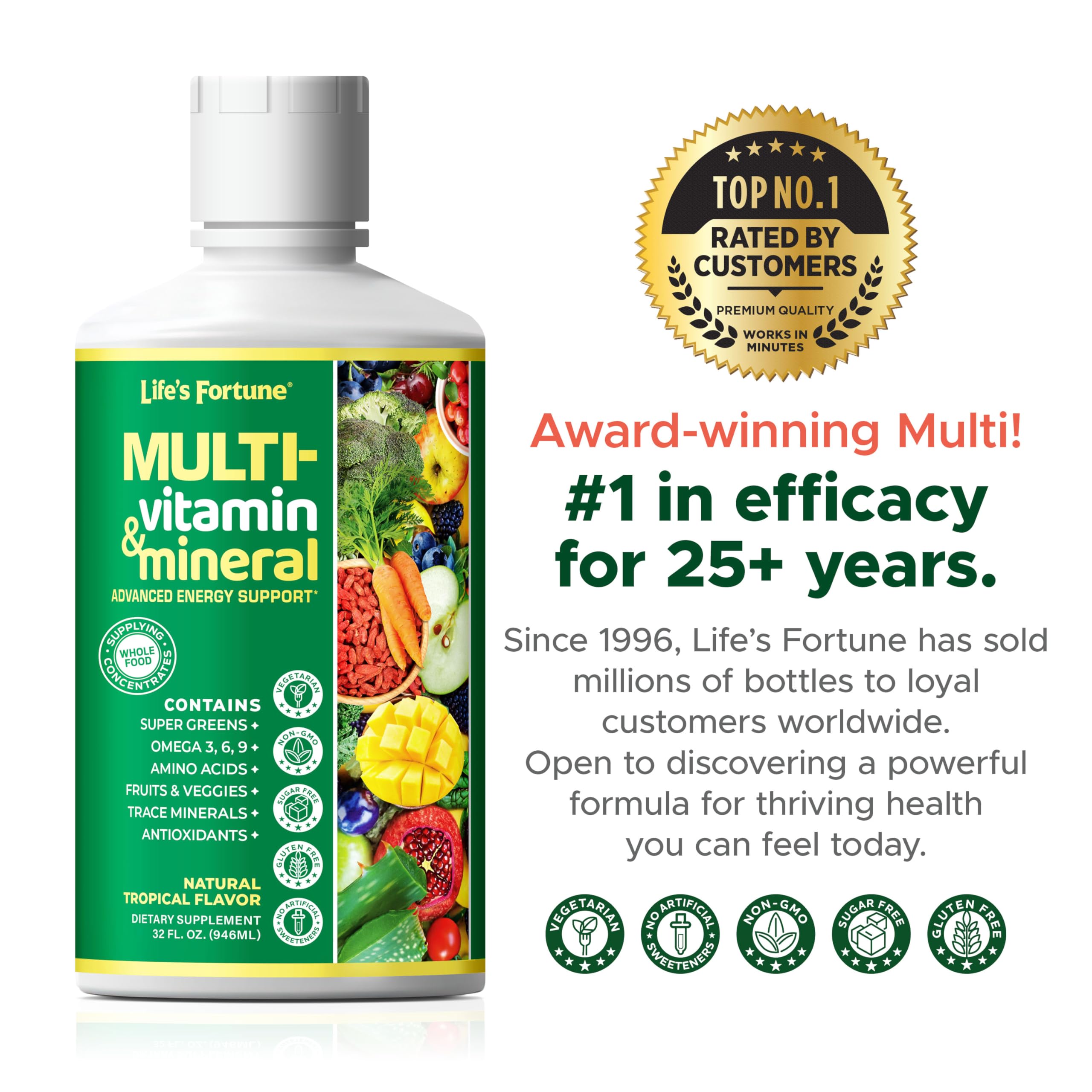 Life's Fortune Liquid Multivitamin for Adults Men & Women, Teens – High Absorption Daily Vitamins – Trace Minerals, Amino Acids with Biotin, L-Arginine, Potassium – Tropical Flavor, Sugar Free, 32 oz