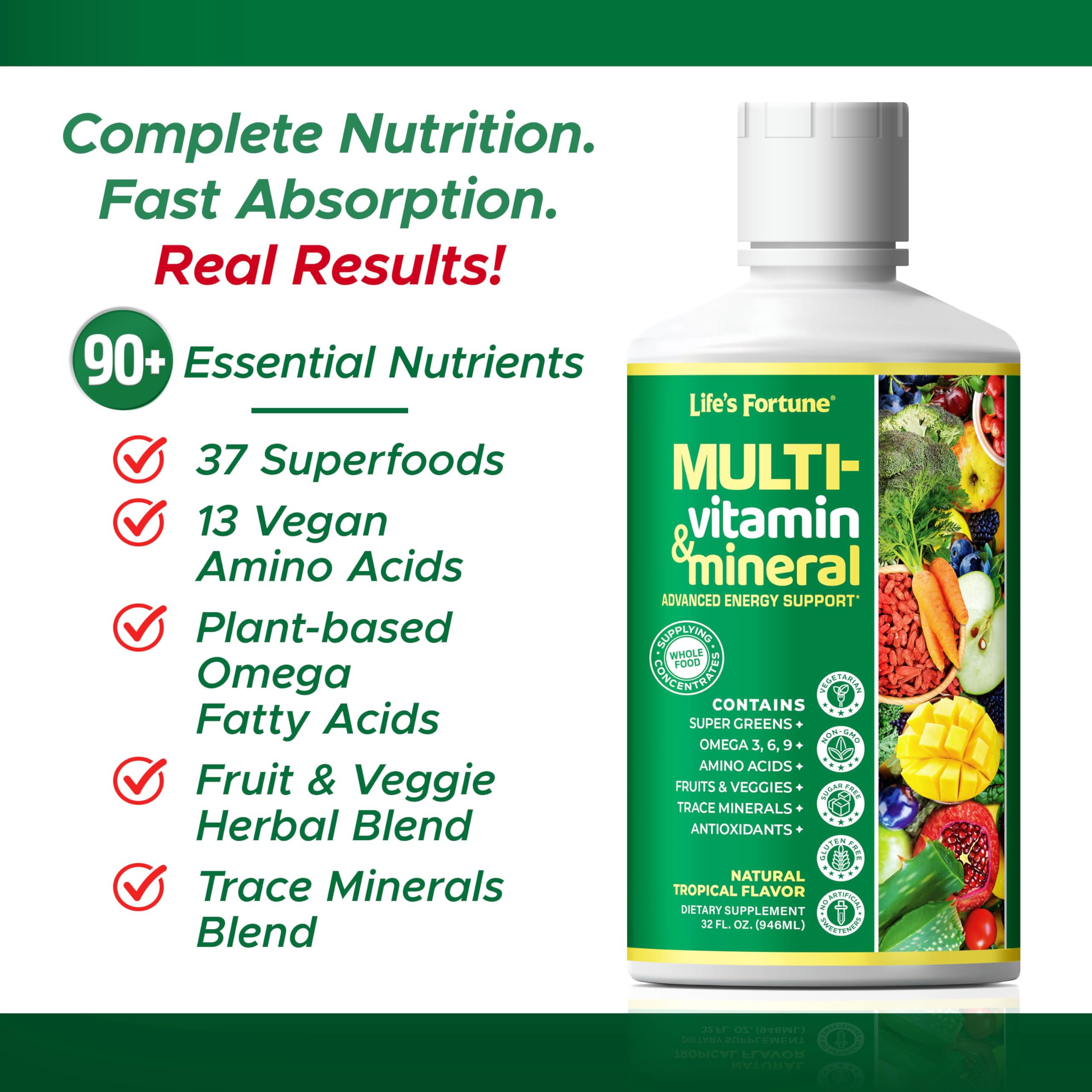 Life's Fortune Liquid Multivitamin for Adults Men & Women, Teens – High Absorption Daily Vitamins – Trace Minerals, Amino Acids with Biotin, L-Arginine, Potassium – Tropical Flavor, Sugar Free, 32 oz