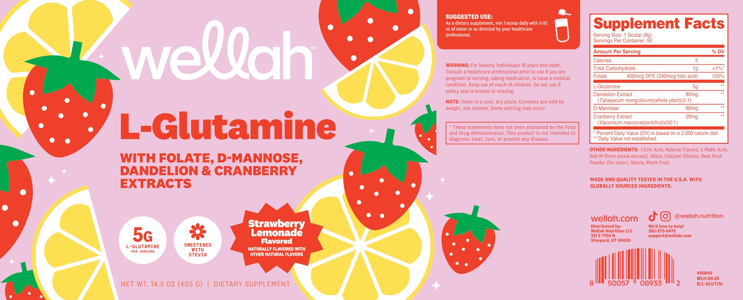 Wellah L-Glutamine Strawberry Lemonade Flavored (50 Servings) - 5g L-Glutamine Per Serving, Sweetened with Stevia