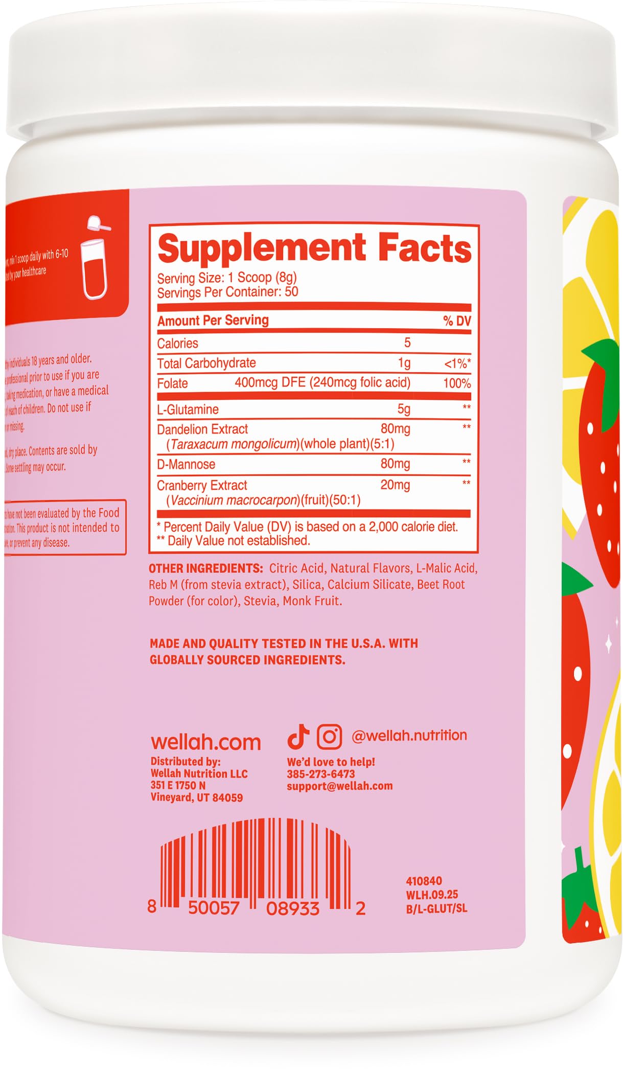 Wellah L-Glutamine Strawberry Lemonade Flavored (50 Servings) - 5g L-Glutamine Per Serving, Sweetened with Stevia