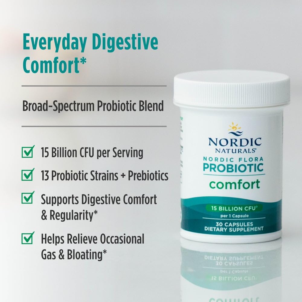 Nordic Naturals Nordic Flora Probiotic Comfort - 30 Capsules - 13 Probiotic Strains w/ 15 Billion Cultures - Supports Regularity & Digestive Comfort, Alleviates Bloating - Non-GMO, Vegan - 30 Servings