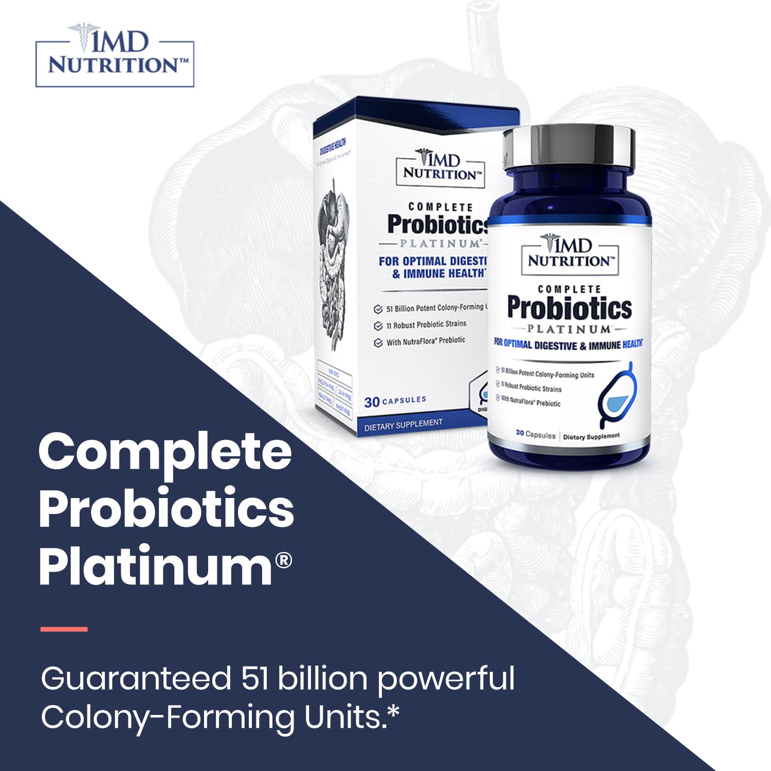1MD Nutrition Complete Probiotics Platinum - w/Prebiotics and Probiotics for Digestive Health - Probiotic Supplement for Women & Men - More Than 50 Billion Live CFU 11 Strains Dairy-Free - 30 Caps