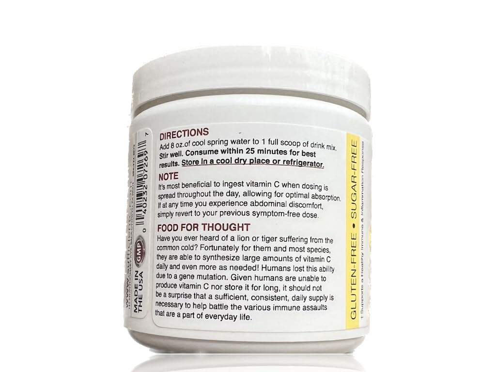 Sufficient-C High Dose Non-GMO Vitamin C Lemon Peach Immune-Ade Drink Mix, Convenient 125 Gram Size w/L-lysine, Bromelain & a Premium 96% Pure Green Tea Extract - Stomach Friendly, Adrenal Supportive
