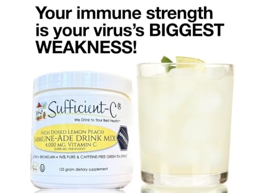 Sufficient-C High Dose Non-GMO Vitamin C Lemon Peach Immune-Ade Drink Mix, Convenient 125 Gram Size w/L-lysine, Bromelain & a Premium 96% Pure Green Tea Extract - Stomach Friendly, Adrenal Supportive