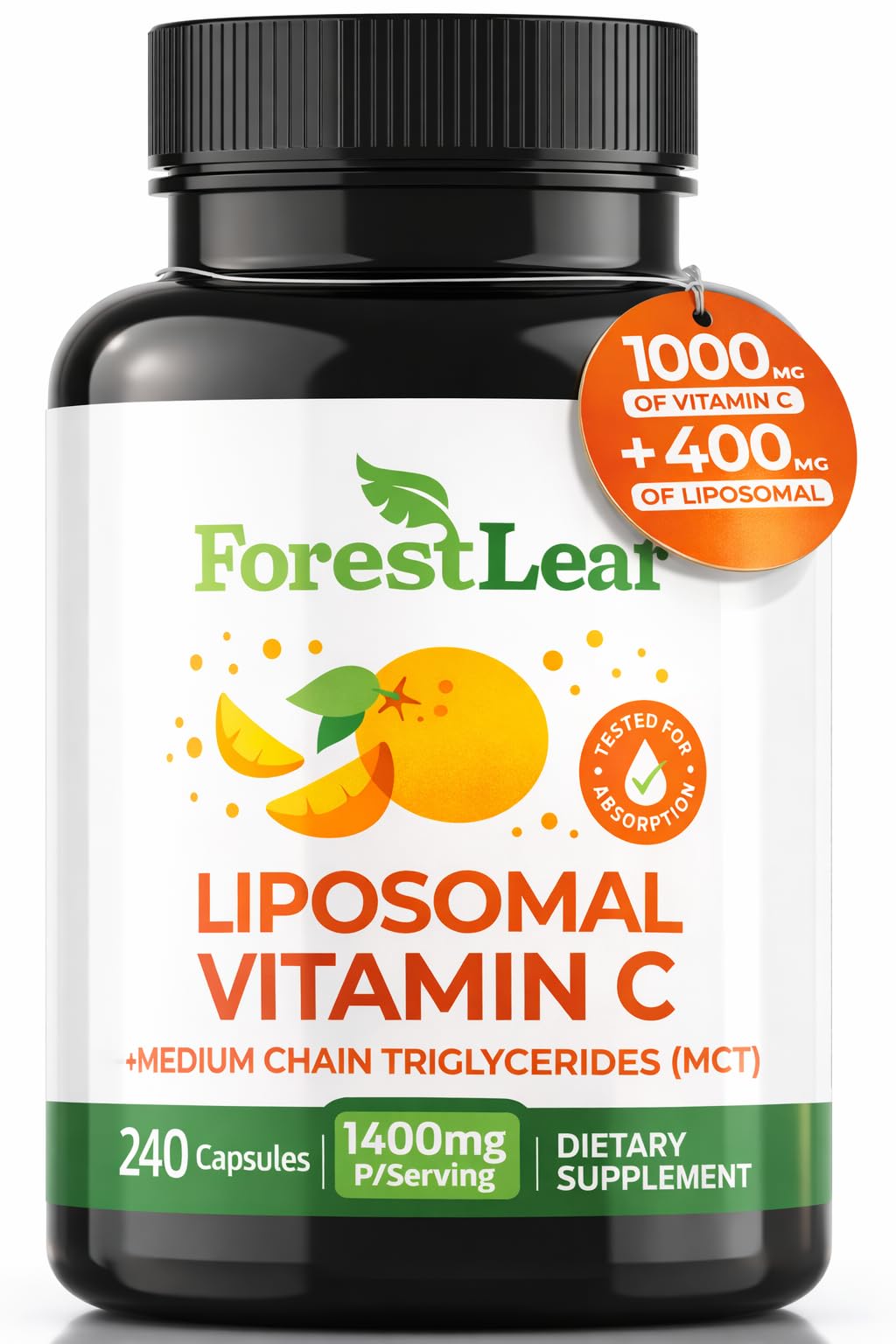 ForestLeaf Liposomal Vitamin C 1400mg Capsules | High Dose Vitamin C Liposomal Supplement w Coconut Oil Fatty Acids | Fast Absorption | Immune Support, Antioxidant, Collagen Production | 240 Vegan Cap