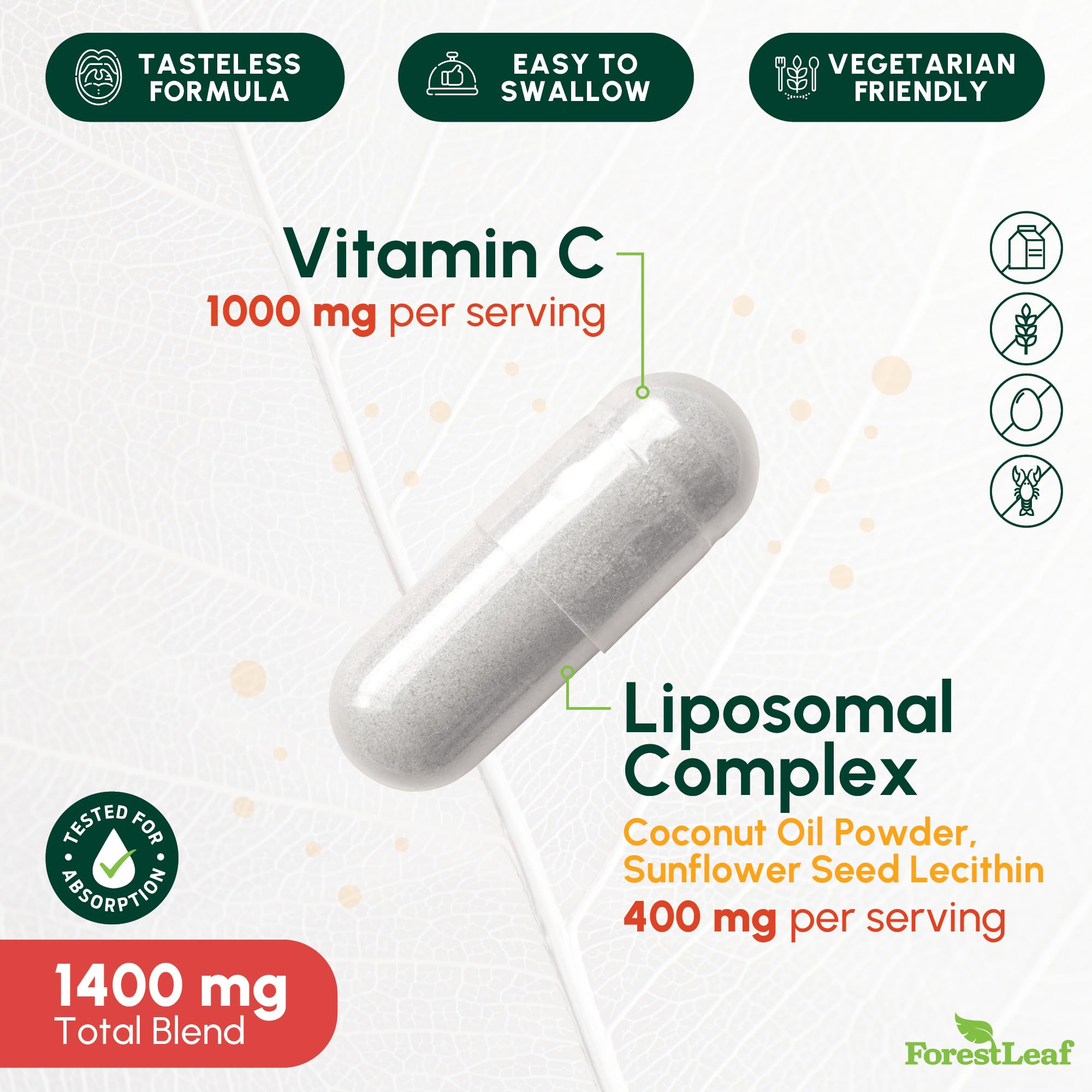 ForestLeaf Liposomal Vitamin C 1400mg Capsules | High Dose Vitamin C Liposomal Supplement w Coconut Oil Fatty Acids | Fast Absorption | Immune Support, Antioxidant, Collagen Production | 240 Vegan Cap