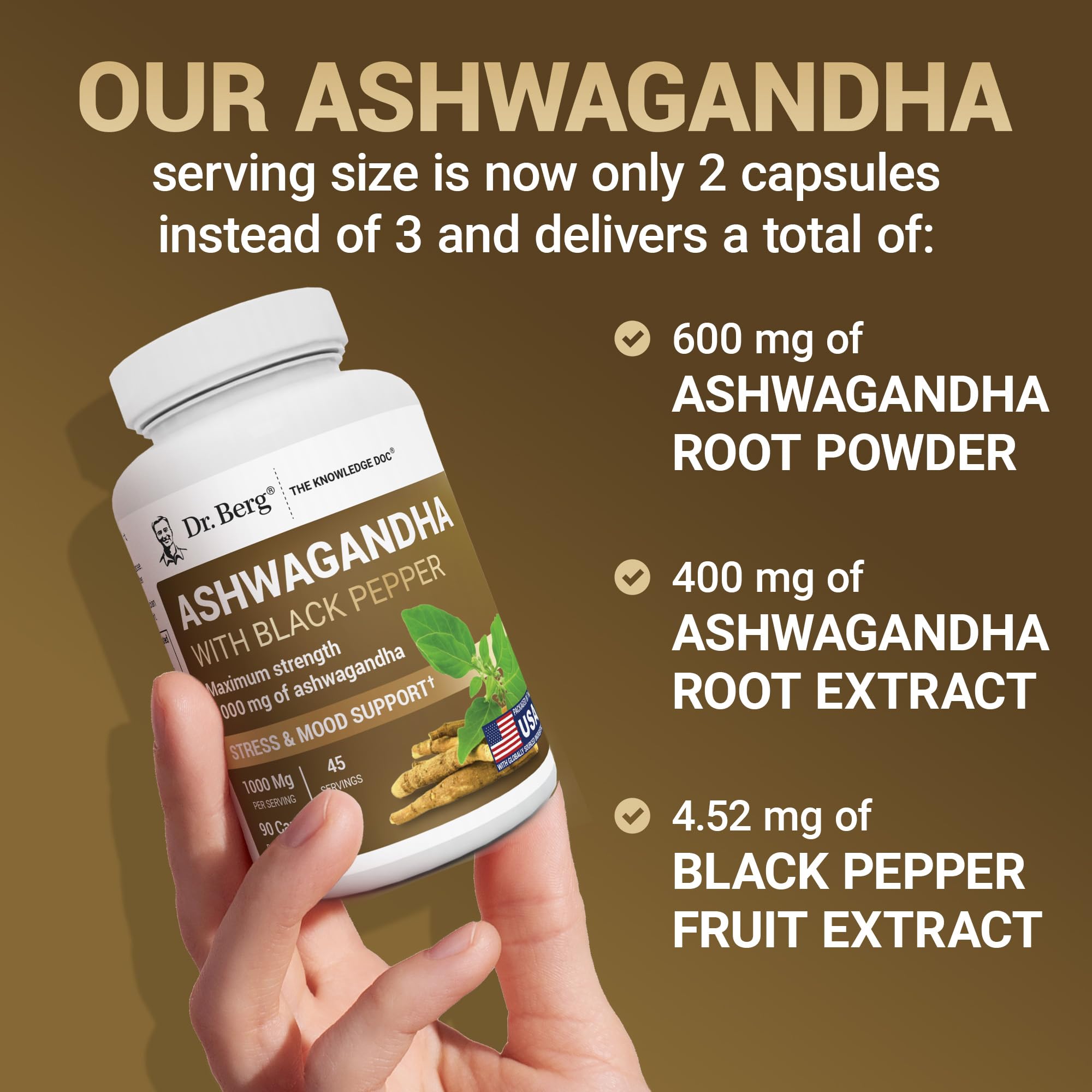 Dr. Berg Ashwagandha Capsules 1000mg - Includes Ashwagandha Root with Black Pepper from Bioperine - Ashwagandha Supplements 90 Capsules