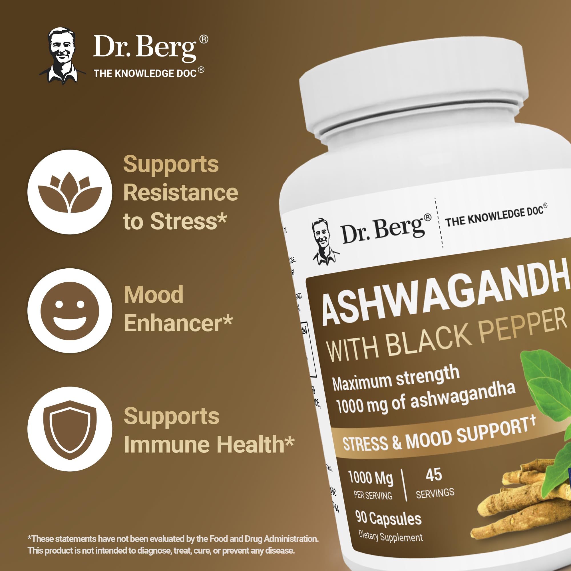 Dr. Berg Ashwagandha Capsules 1000mg - Includes Ashwagandha Root with Black Pepper from Bioperine - Ashwagandha Supplements 90 Capsules