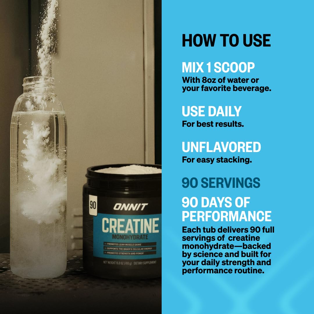 ONNIT Creatine Monohydrate Powder – Unflavored, 90-Serving Value Size – Supports Strength, Lean Muscle, and Brain Energy† – Keto Friendly, No Fillers, 90 Servings, 15.29 oz