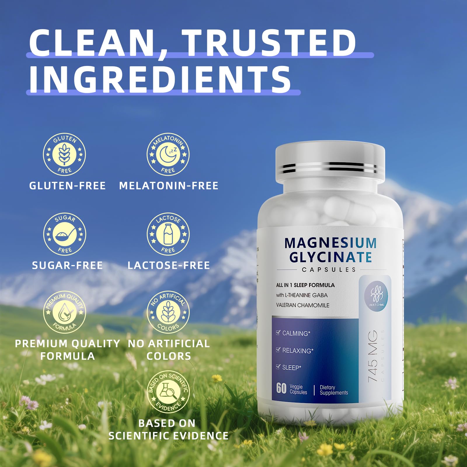 iMATCHME Magnesium Glycinate 850mg Capsules with L-Theanine, Chamomile & GABA for Sleep, Calmness, Muscle, Bone Health & Immune Support, Magnesium for Women and Men, Vegan, High-Absorption, 60 Count