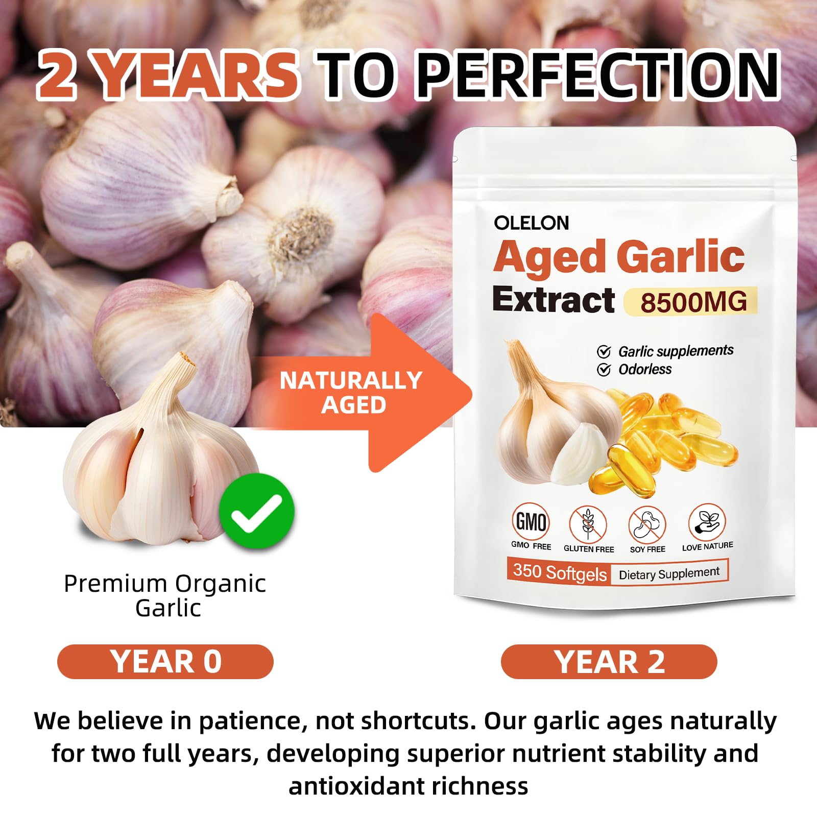OLELON Aged Garlic Extract 350 Softgels - 8500mg High Potency, Odorless, Non-GMO & Organic Garlic Supplement for Heart Health, Immune Support & Antioxidant Benefits
