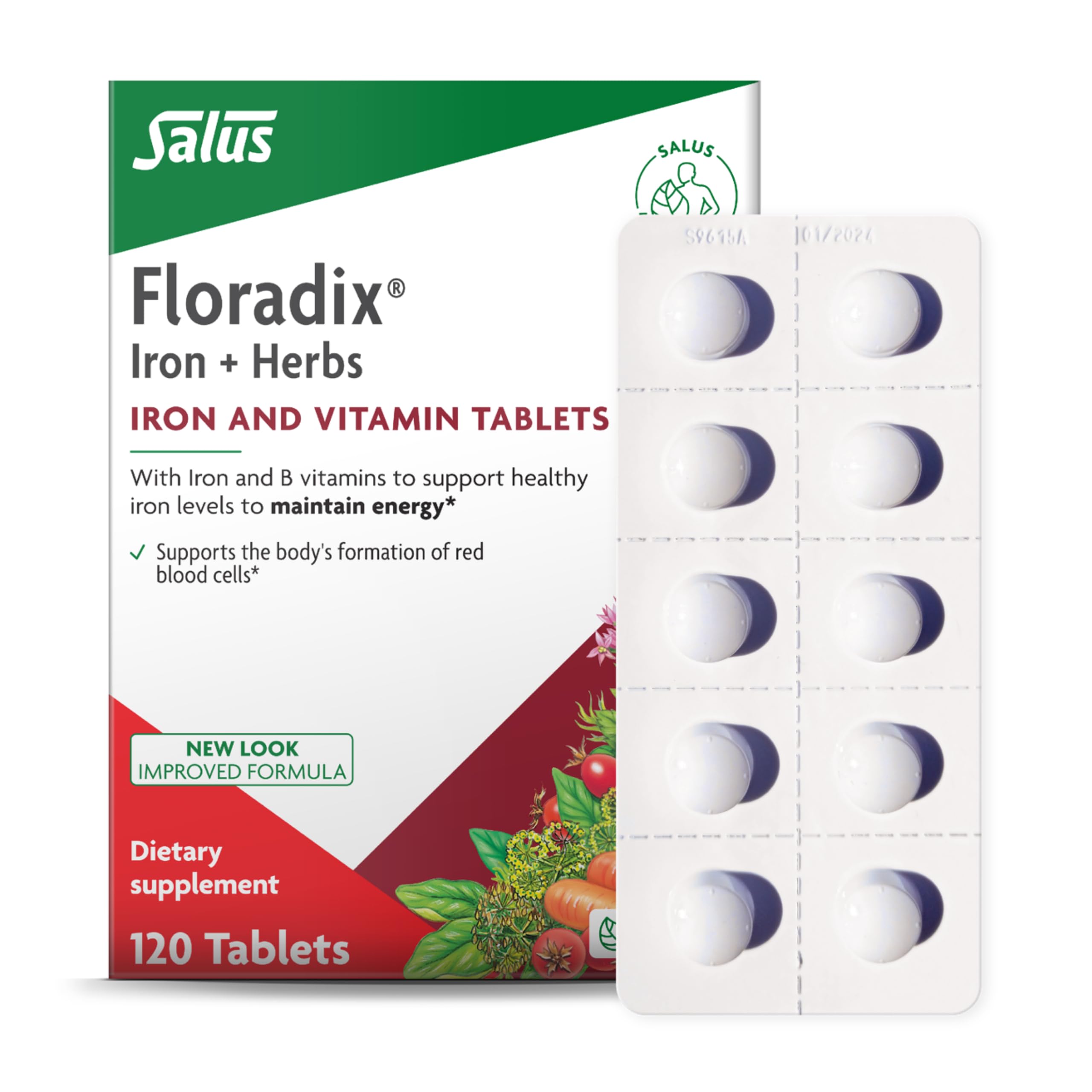 Floradix Iron Tablets - Iron Supplement with B Vitamins, Folic Acid, Vitamin C & More - Energy Support - Vegetarian & Gluten-Free - 120 Tablets (120 Servings)