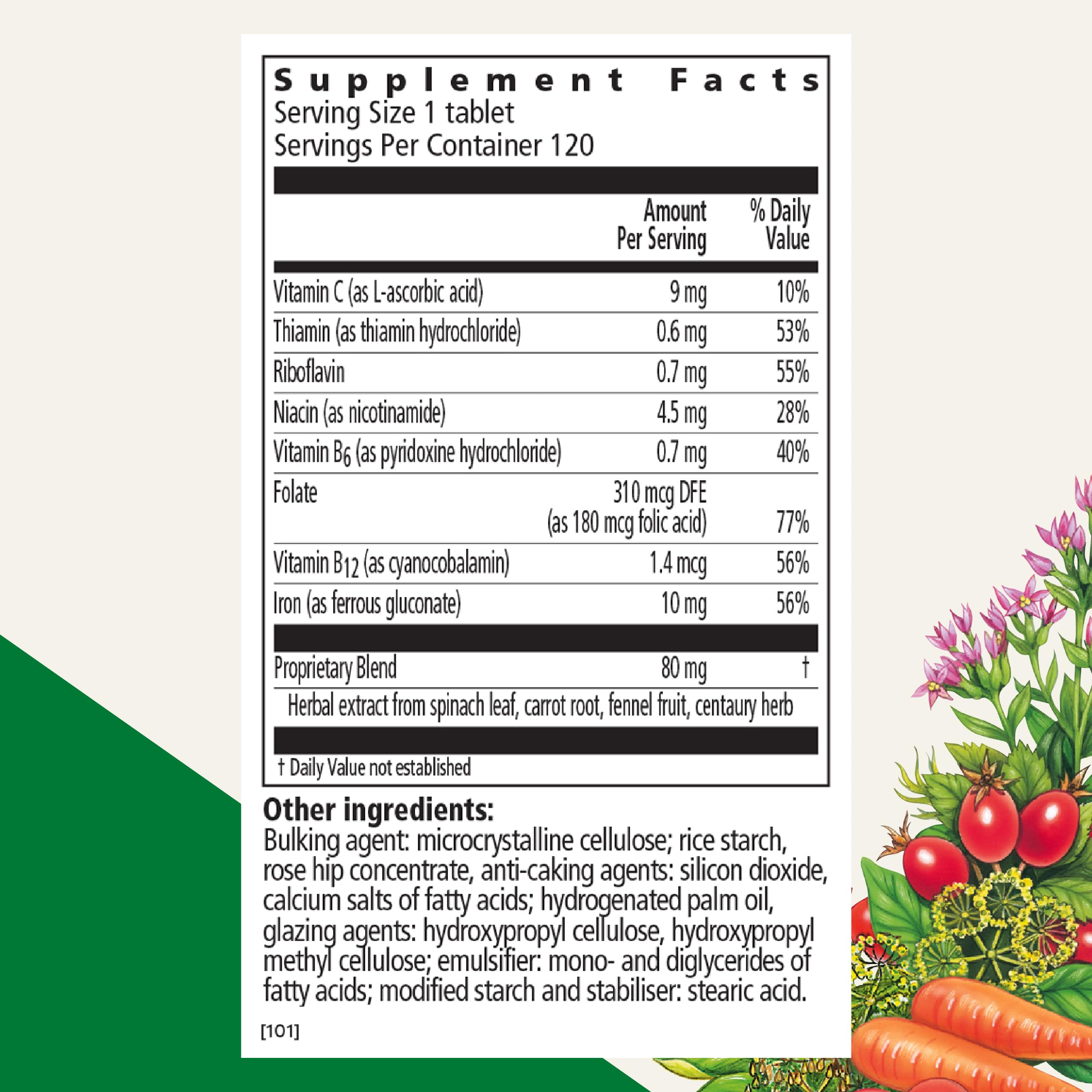Floradix Iron Tablets - Iron Supplement with B Vitamins, Folic Acid, Vitamin C & More - Energy Support - Vegetarian & Gluten-Free - 120 Tablets (120 Servings)