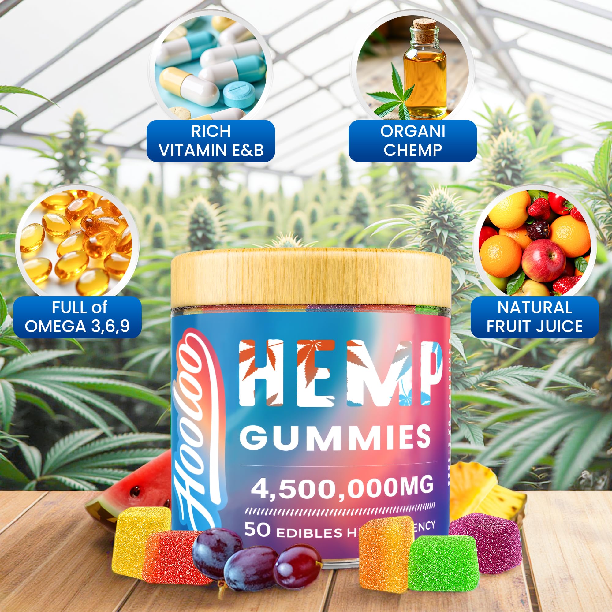 HOOLOO Hemp Gummies for Deep Bedtime Support - 4,500,000MG 2 Packs 6 Fruity Flavors Edibles for Adults - Made in USA