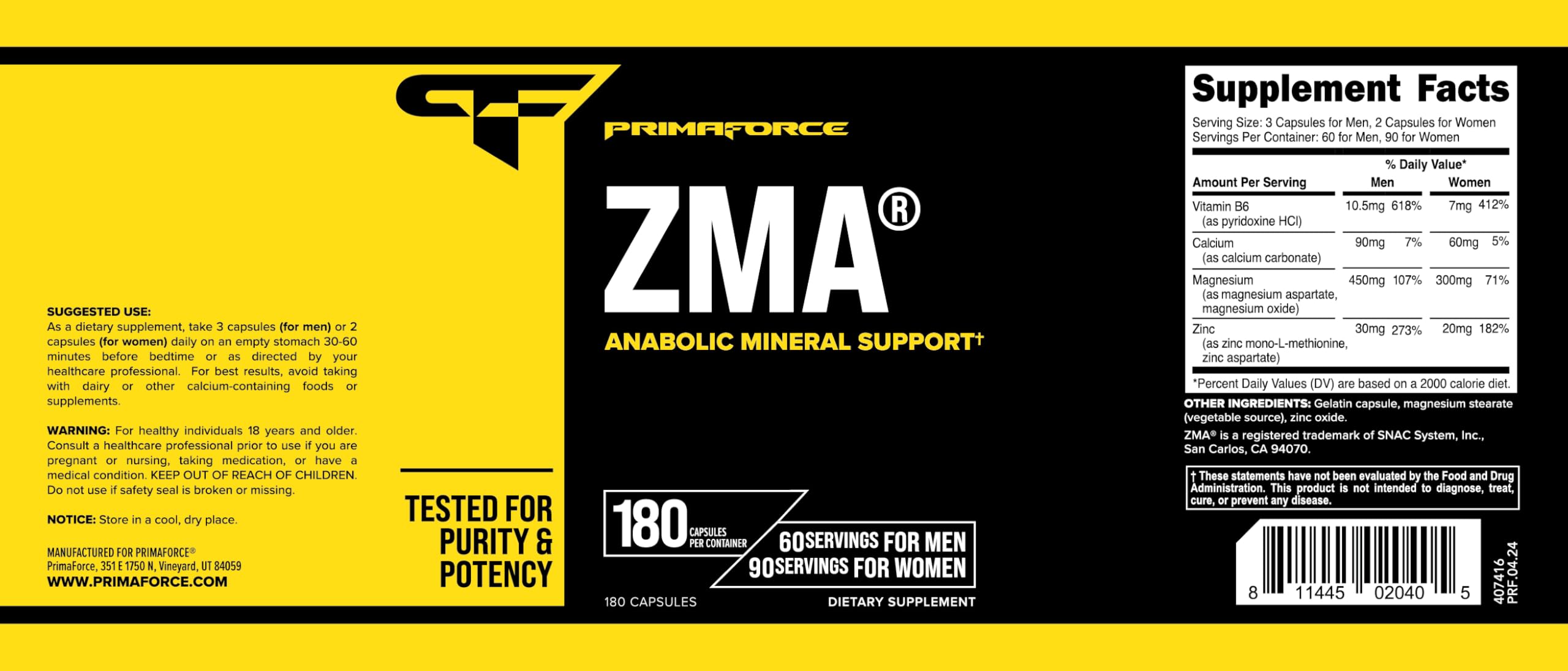 Primaforce ZMA Dietary Supplement, 180 Capsules