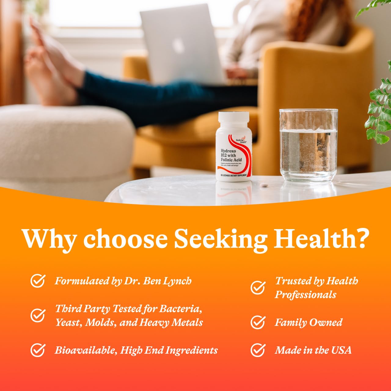 Seeking Health Hydroxo B12 with Folinic Acid - Supplement with Non-Methylated Form of Folate - Vitamin B12 Complex for Heart Health Support - 60 Lozenges