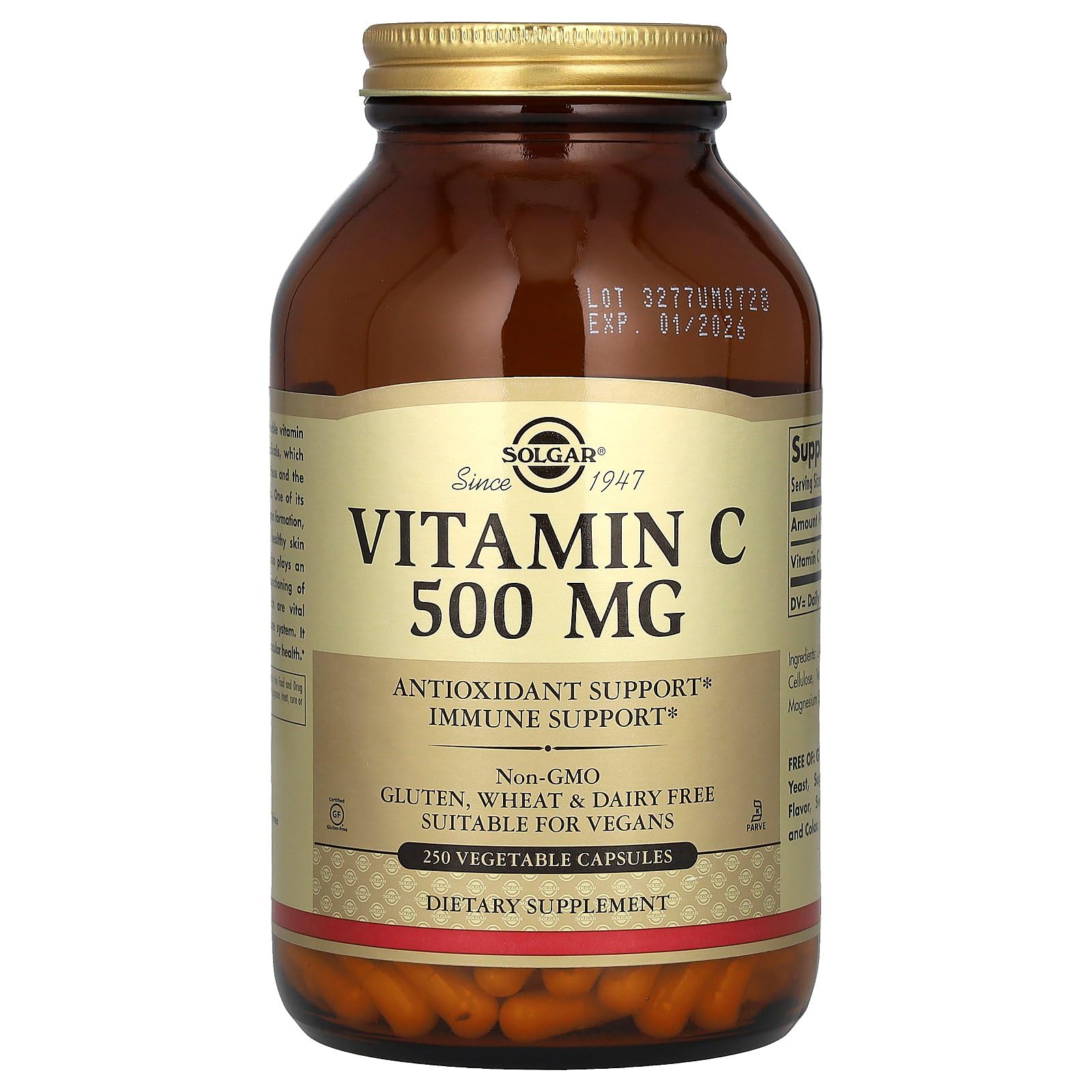 Solgar Vitamin C 500 mg, 250 Vegetable Capsules - Antioxidant & Immune Support - Overall Health - Supports Healthy Skin & Joints - Non-GMO, Vegan, Gluten Free, Kosher - 250 Servings