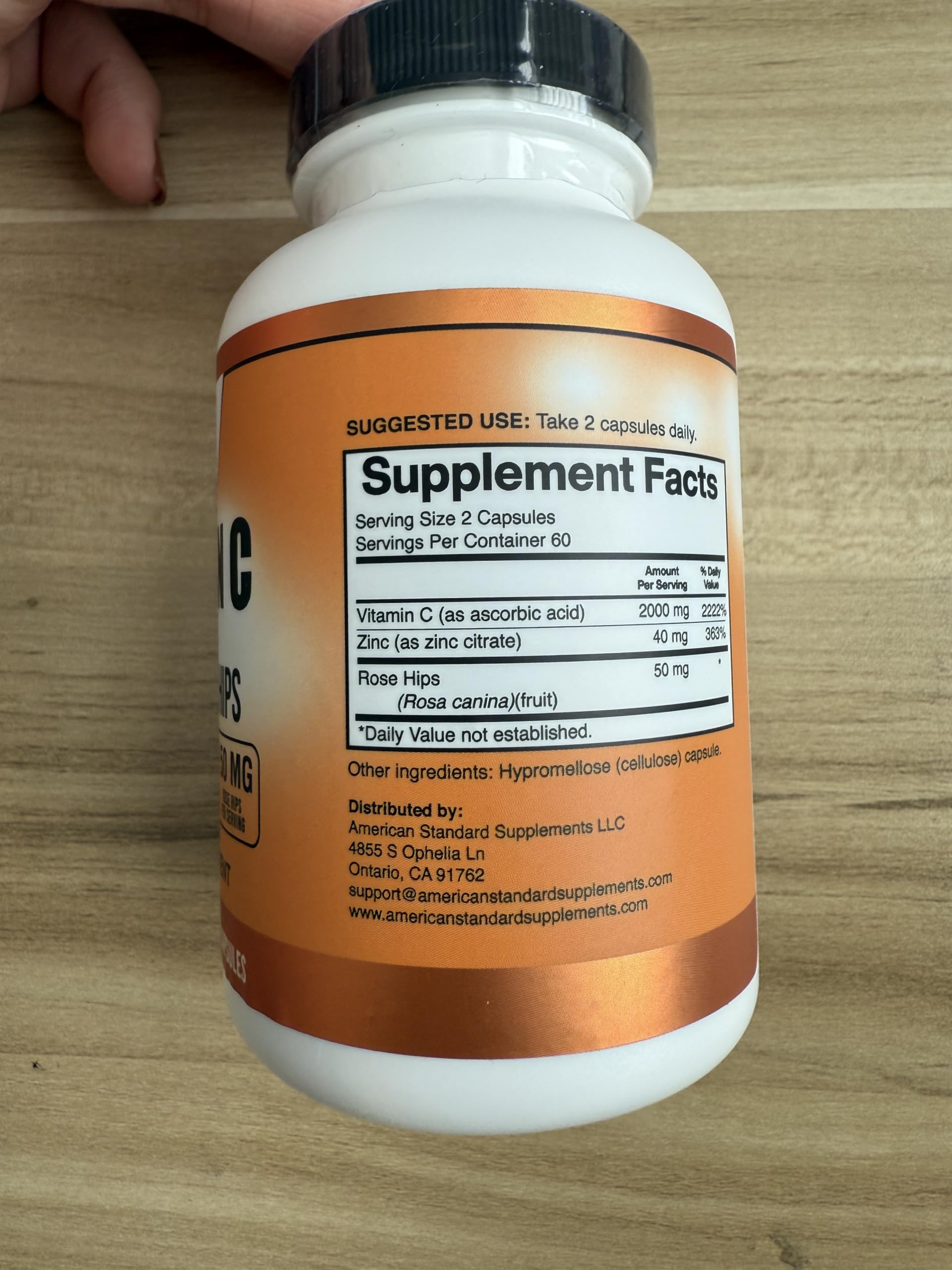 American Standard Supplements Vitamin C 2000mg, Zinc 40mg, and Rose HIPS 50mg Per Serving, Vegan, Gluten Free, Non-GMO (120 Count)