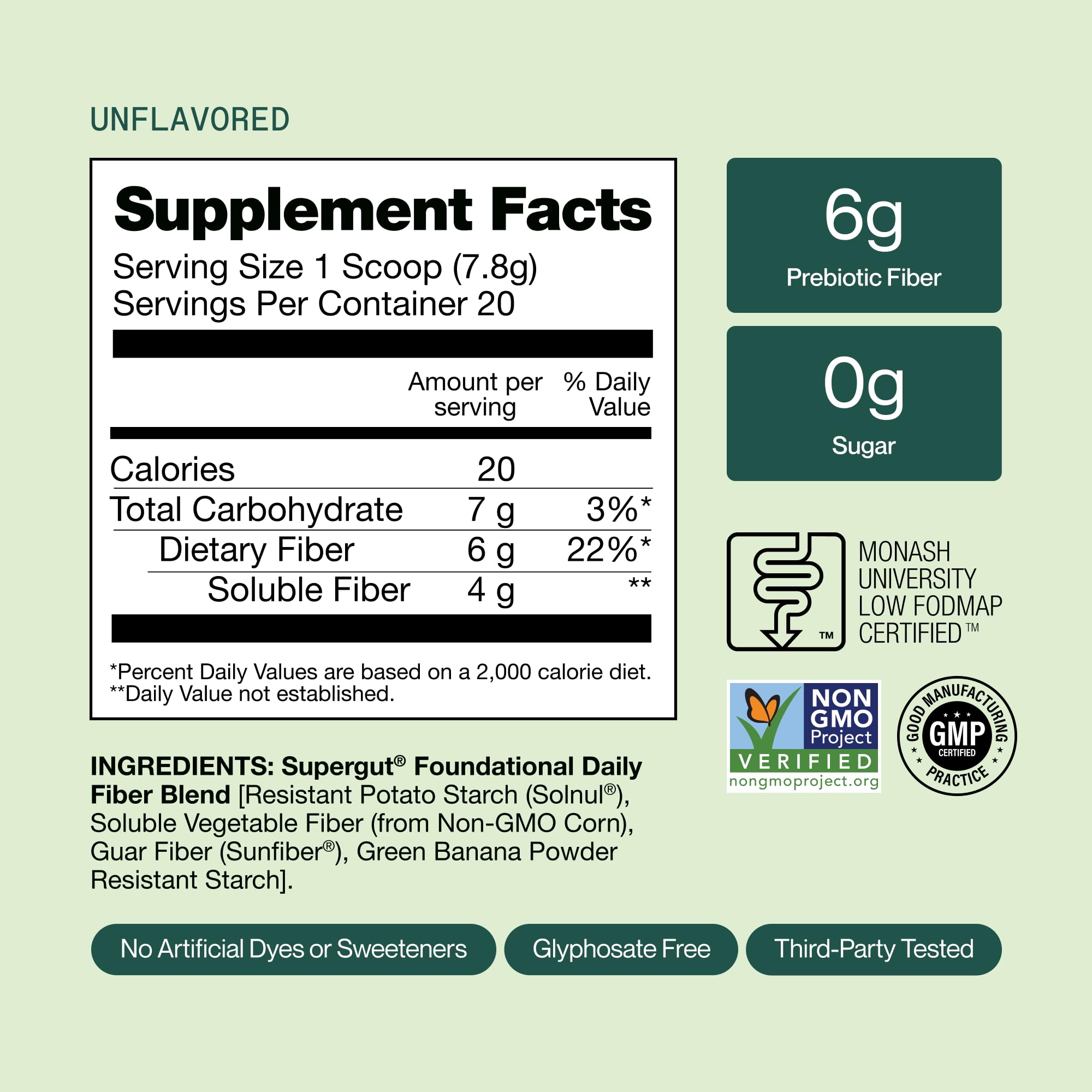 Supergut Foundational Daily Fiber Powder, Sugar Free & Vegan Prebiotic Fiber Blend for Gut Health & Digestive Support, Supplement for Men & Women with Solnul & Sunfiber, Unflavored, 20 Servings