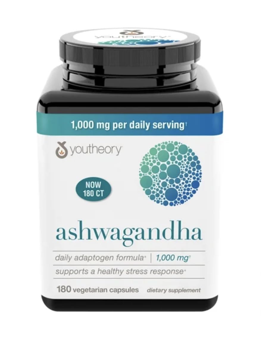 Youtheory Ashwagandha 1000mg with KSM-66 - Helps Support a Healthy Stress Response,180 Capsules (Pack of 1)