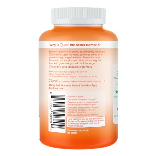Qunol Zero Sugar Turmeric Gummies, Gummy with 500mg Turmeric Curcumin, Joint Support Supplement, Ultra High Absorption Tumeric Curcumin, Vegetarian, Gluten Free, 120 Count