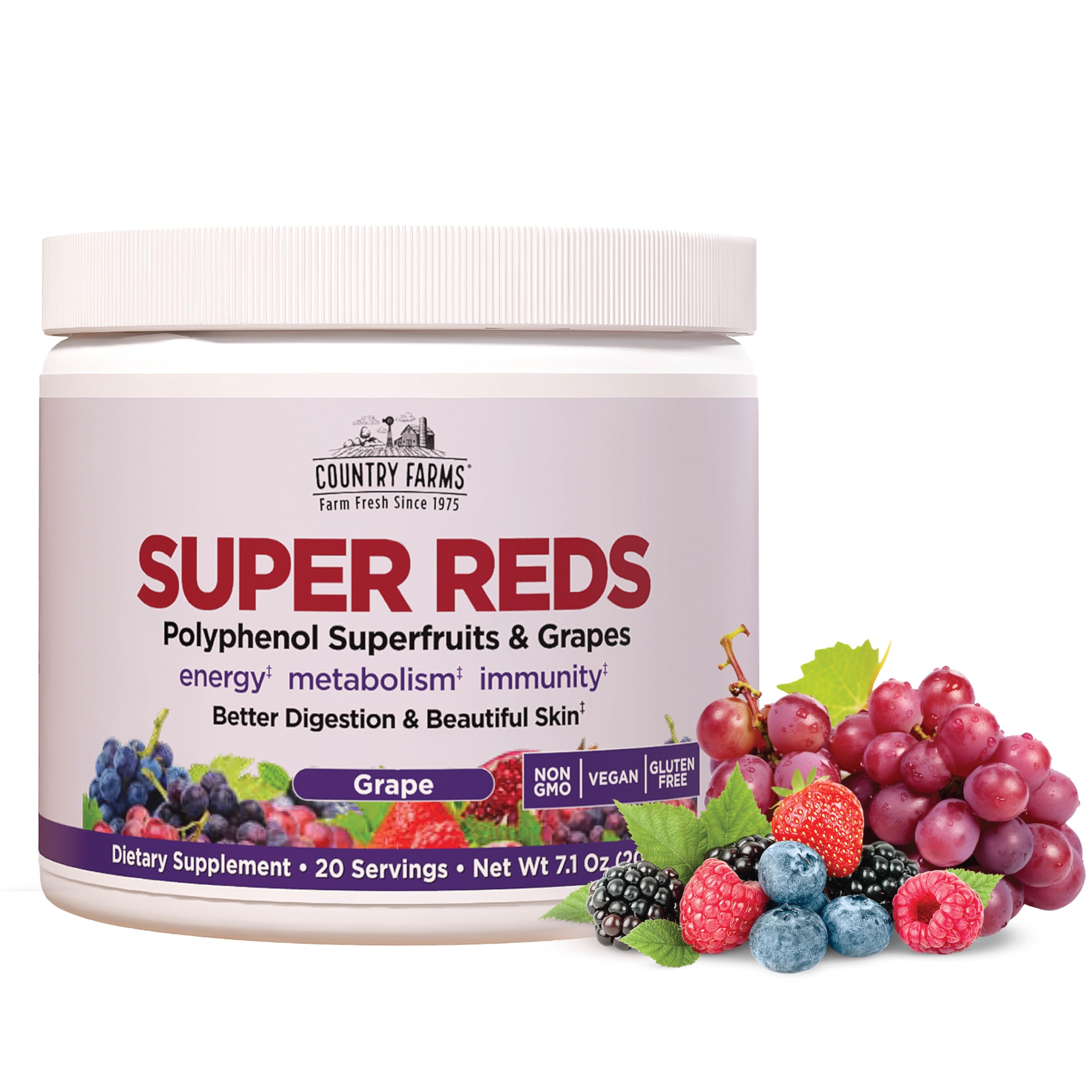 Country Farms Super Reds, Energizing Polyphenol Superfood, 40 Super Fruits and Berries, Powerful Antioxidants and Polyphenols, Supports Energy and Immunity, 20 Servings, Grape Flavor