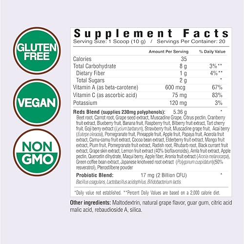 Country Farms Super Reds, Energizing Polyphenol Superfood, 40 Super Fruits and Berries, Powerful Antioxidants and Polyphenols, Supports Energy and Immunity, 20 Servings, Grape Flavor